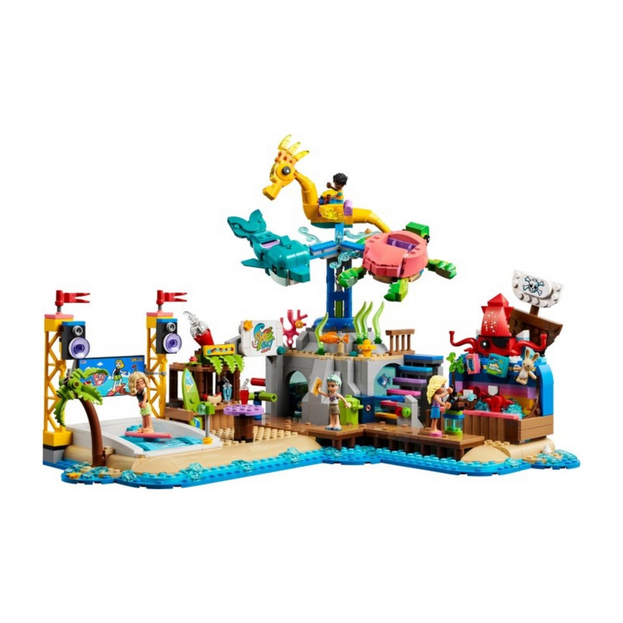A teljesen összerakott LEGO Friends Tengerparti vidámpark (41737) készlet színes vidámparki elemekkel, forgó állatfigurás körhintával, szörfdeszkás játékrésszel és standokkal.