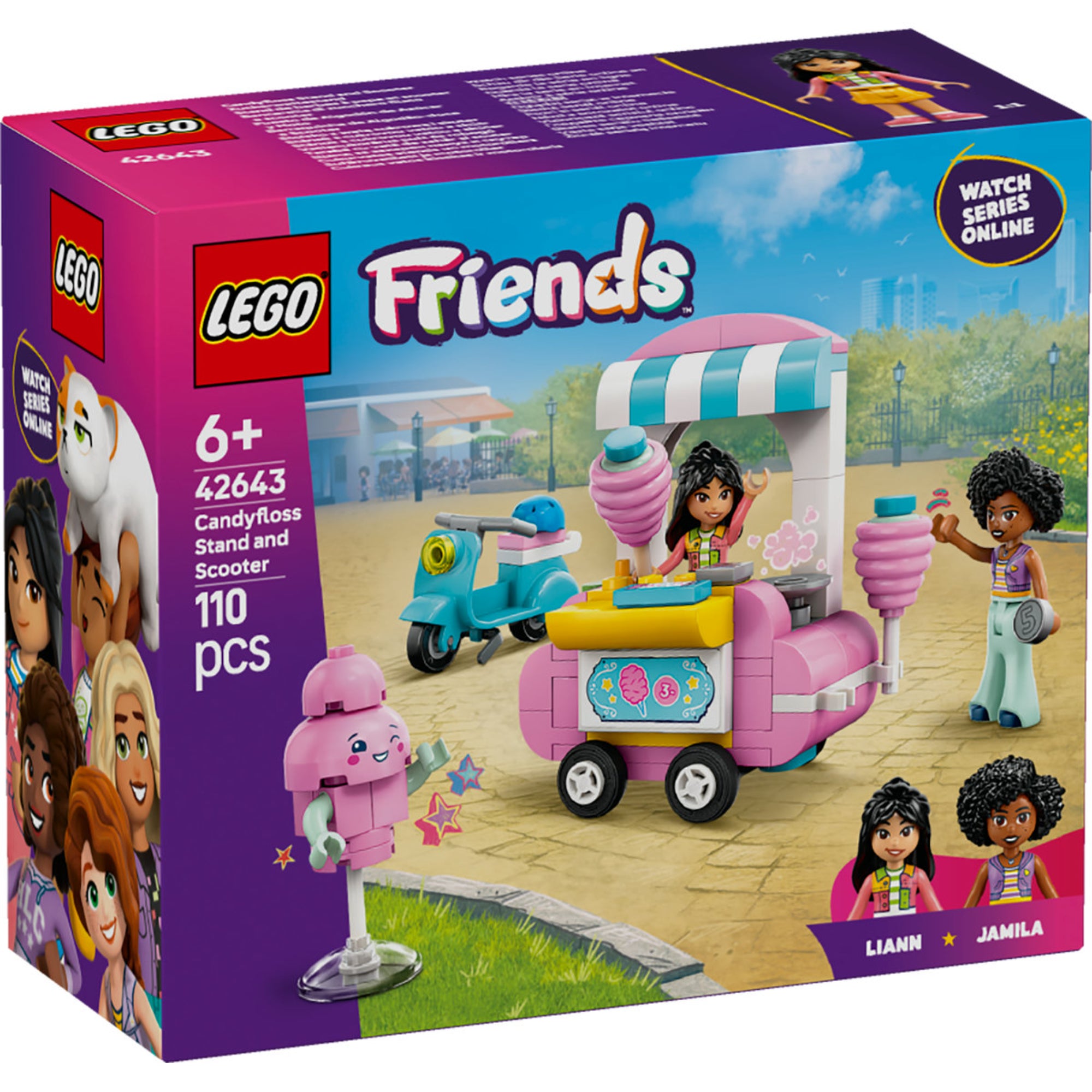 A LEGO Friends Vattacukorárus stand és robogó 42643 szettje tartalmaz egy rózsaszín vattacukorárus standot, egy kék robogót, valamint Liann és Jamila figurákat, miközben egy napfényes parkos háttérben játszódik a jelenet, mely a kreatív szerepjátékot inspirálja.