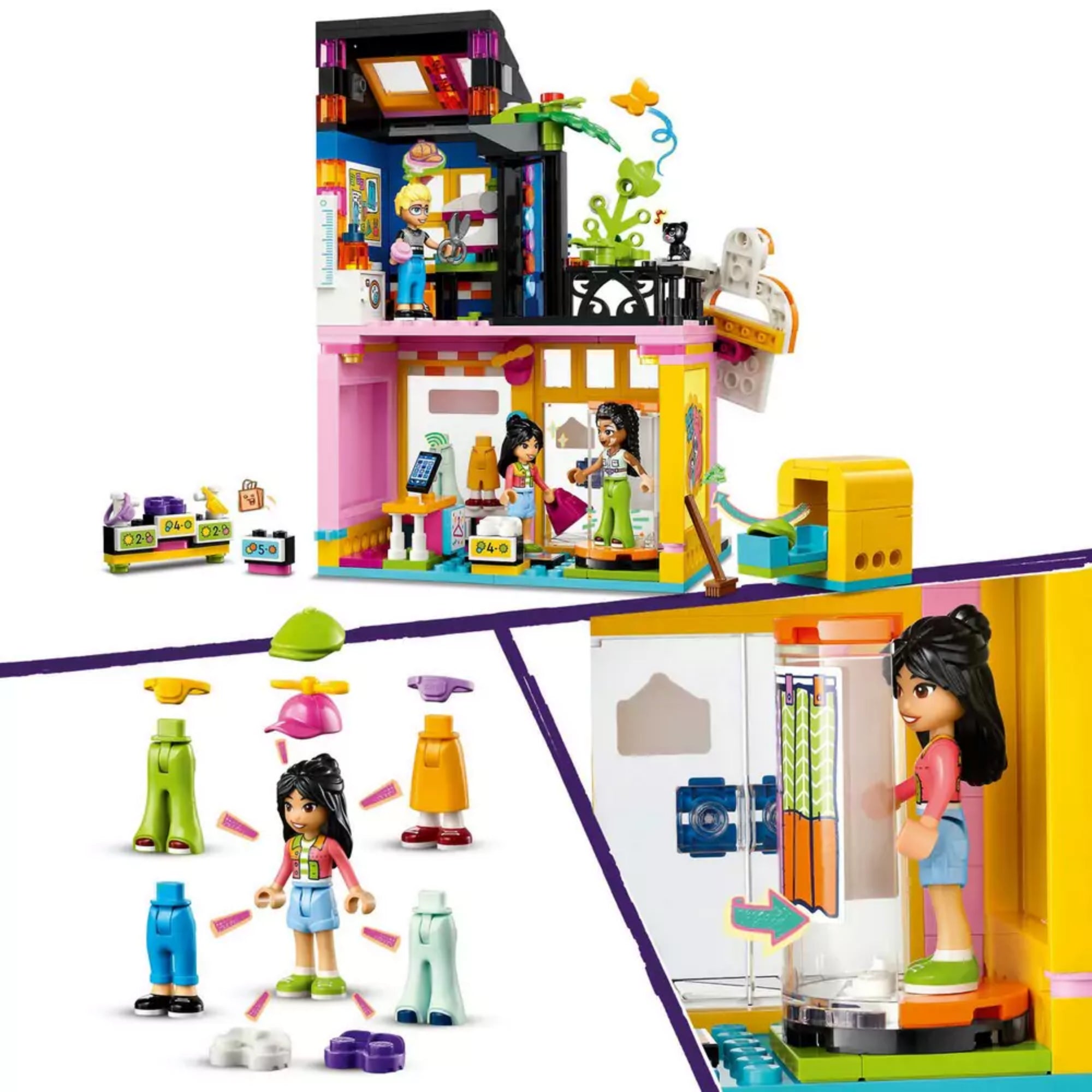 LEGO Friends Vintage divatszalon (42614) illusztrációk: a bolt két szintje, ruhapróba kabin, kiegészítők és öltöztethető figura mutatkozik meg játékos jelenetekben.