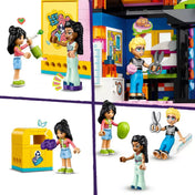 LEGO Friends Vintage divatszalon (42614) részletek: a gyerekek ruhát próbálnak, varrnak, és újrahasznosított ruhákat adományoznak egy szelektív gyűjtőbe, Liann, Olly és Jordin szereplésével.