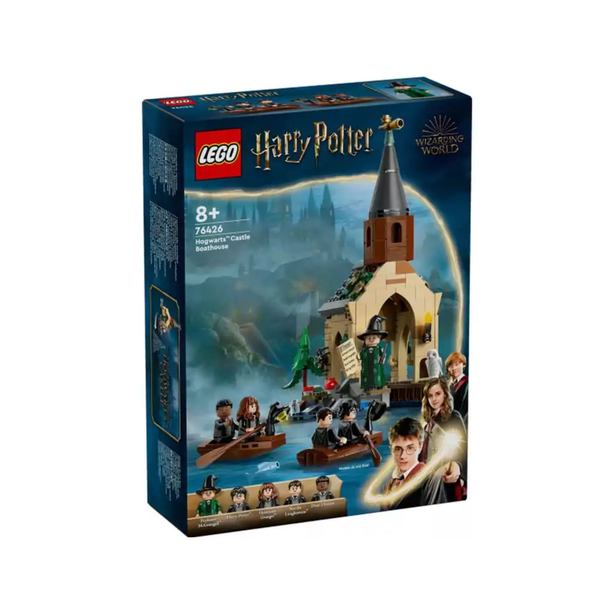 A képen a LEGO Harry Potter "Hogwarts kastélyi csónakház" szett látható, amely a híres varázslóiskola egy ikonikus helyszínét jeleníti meg. A csónakház mellett láthatóak a karakterek, mint Harry Potter, Hermione Granger, Ron Weasley és más diákok, akik csónakázással vesznek részt a filmben. A szett tartalmazza a csónakokat, valamint a kastélyi épületet, részletes belső térrel és külső elemekkel, amelyek varázslatos atmoszférát teremtenek a Harry Potter világában.