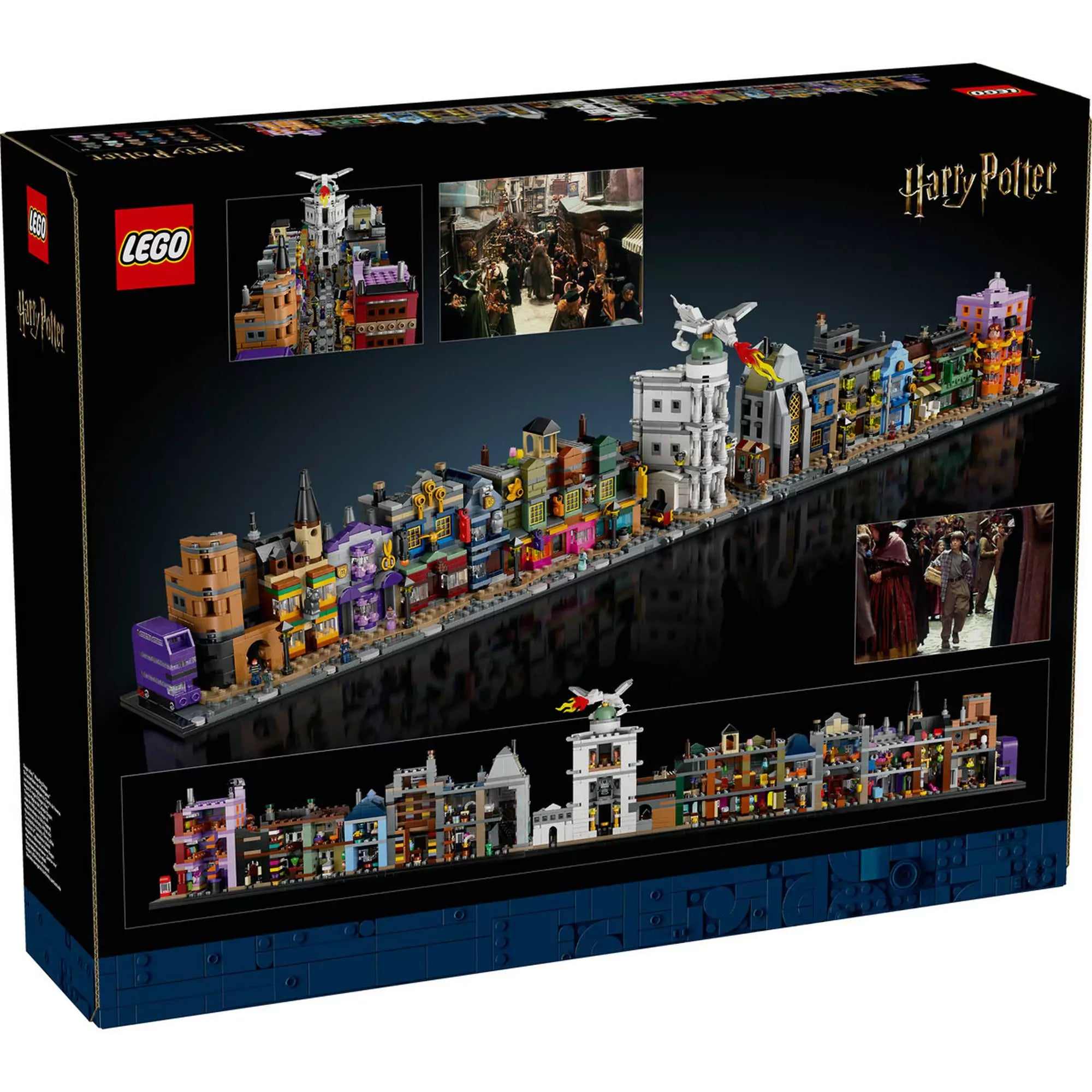 LEGO Harry Potter Az Abszol út varázslatos üzletei hátulnézet (76444): A szett épületei hátulról bemutatva, belső részletekkel és Harry Potter filmjelenetekkel kiegészítve.