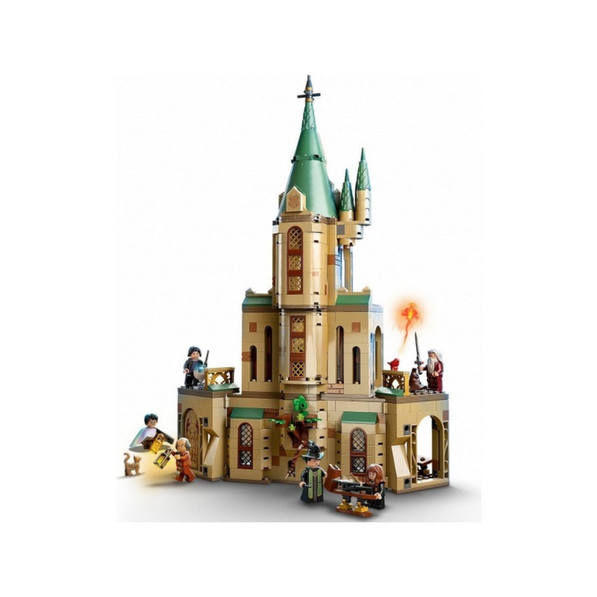 Illusztratív jelenet a LEGO Harry Potter Roxfort: Dumbledore irodája (76402) készletből, ahol a karakterek varázsolnak és interakcióba lépnek a kastély körül.