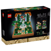 LEGO Icons (Creator Expert) Szökőkutas kert (10359) dobozának hátoldala, amely bemutatja a szett részletes elemeit: többszintes szökőkutat, oszlopos pergolákat, dekoratív csempéket, fákat és virágokat, valamint az összeállítási lehetőségeket.