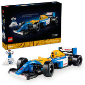 A LEGO Icons Williams Racing FW14B & Nigel Mansell (10353) készlet doboza és az összerakott Forma–1-es modell. Az ikonikus kék-sárga versenyautó részletes kidolgozású, Goodyear gumikat, működő kormányzást és egy minifigurát tartalmaz, amely egy pódium-stílusú kiállítóállványon helyezhető el.