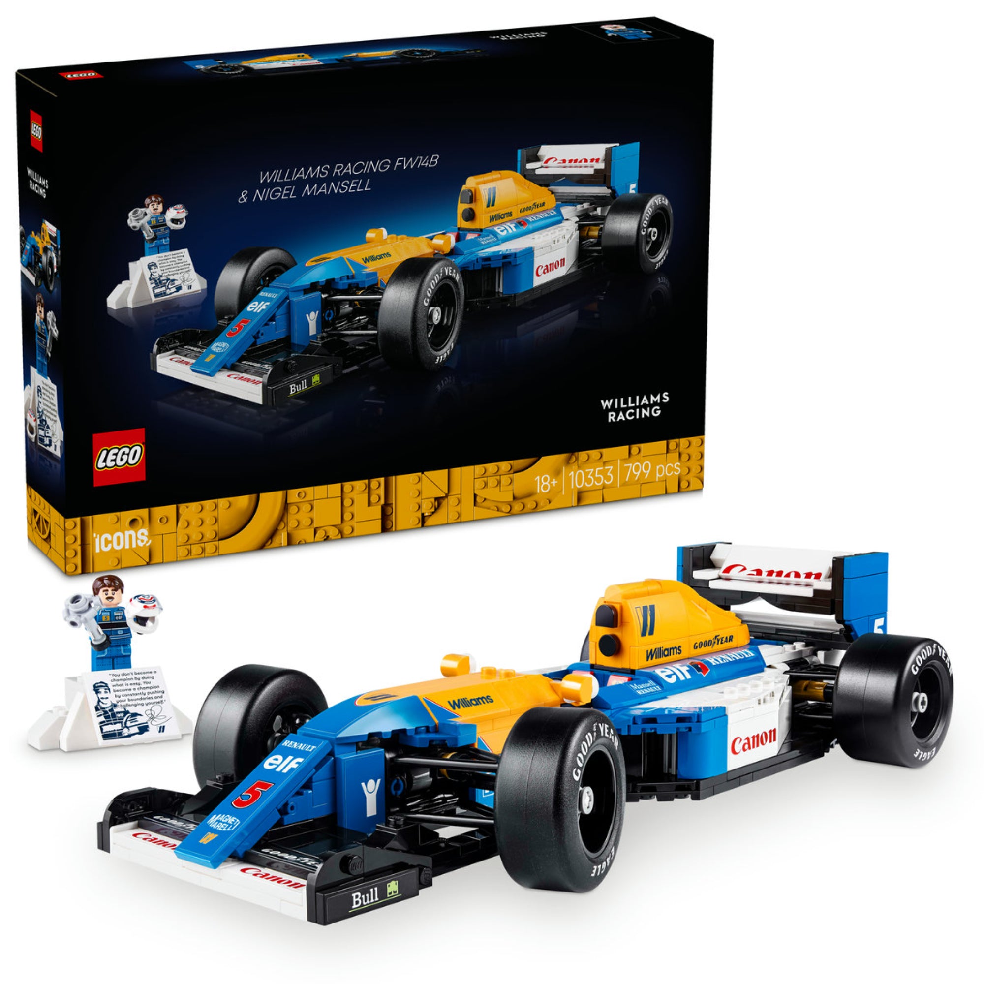 A LEGO Icons Williams Racing FW14B & Nigel Mansell (10353) készlet doboza és az összerakott Forma–1-es modell. Az ikonikus kék-sárga versenyautó részletes kidolgozású, Goodyear gumikat, működő kormányzást és egy minifigurát tartalmaz, amely egy pódium-stílusú kiállítóállványon helyezhető el.