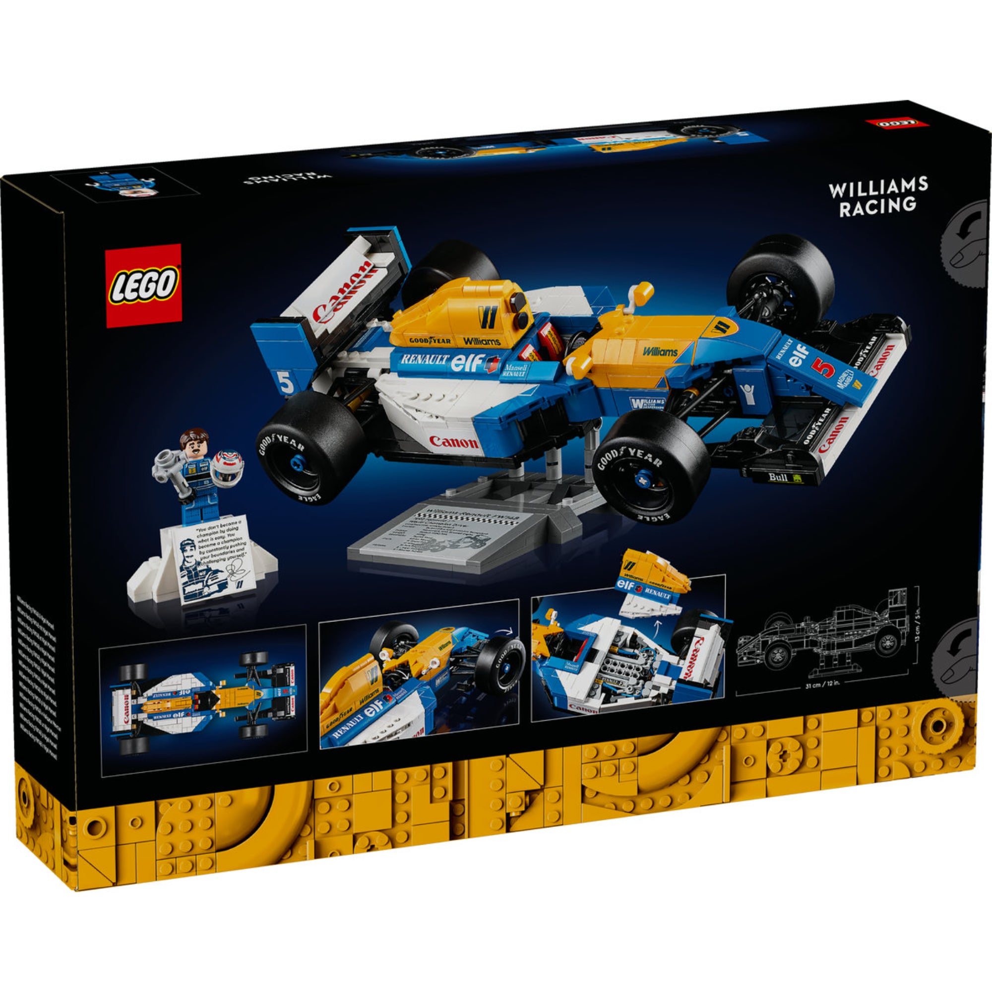 A LEGO Icons Williams Racing FW14B & Nigel Mansell (10353) doboz hátoldala, amely részletesen bemutatja a Forma–1-es versenyautó modellt. A csomagoláson látható a működő kormányzás, a Goodyear gumik, a részletes motor, valamint a Nigel Mansell minifigura egy pódium-stílusú kiállítóállvánnyal. Az alsó részen további képek mutatják az autó különböző nézeteit és a műszaki részleteket.