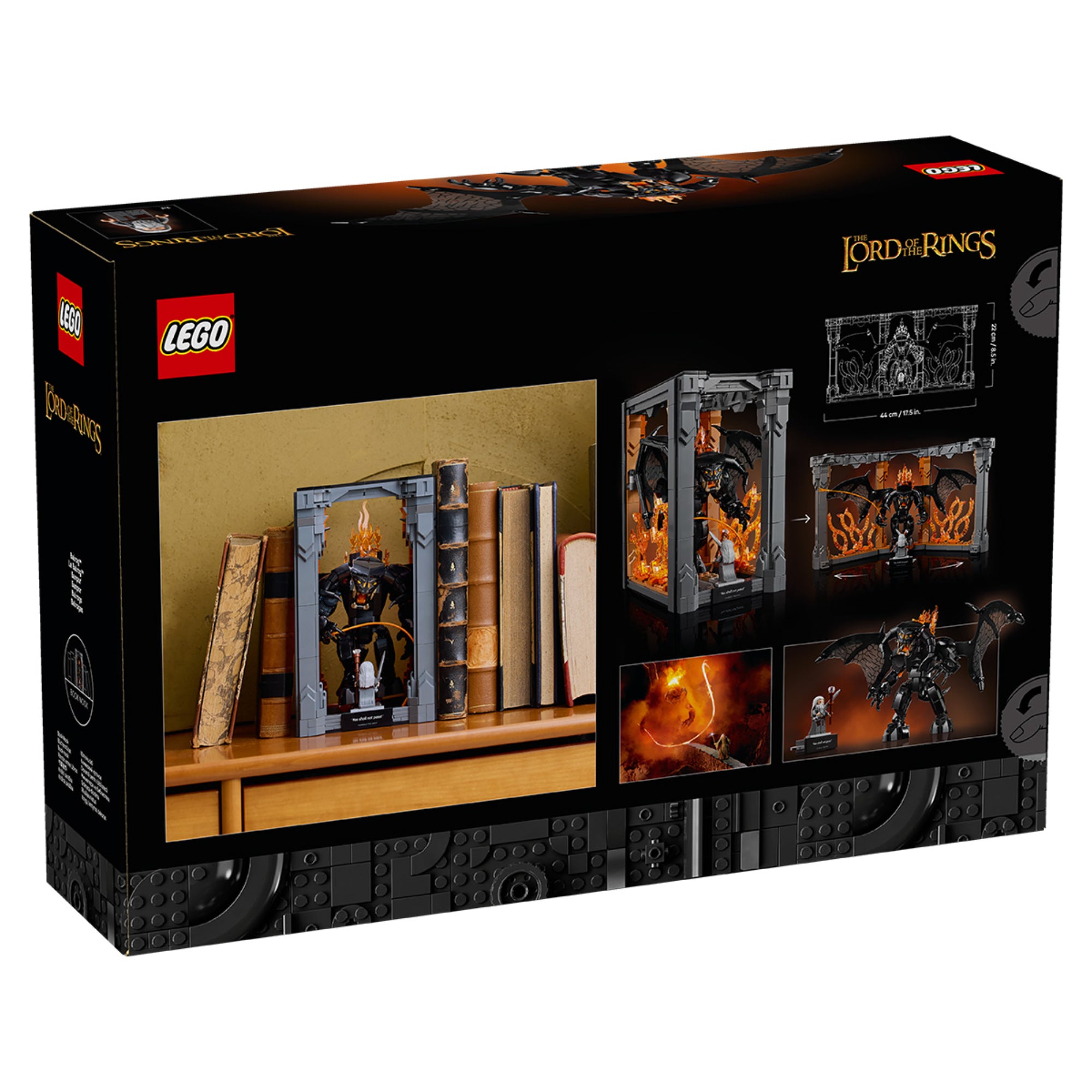 LEGO Icons The Lord of the Rings: Balrog (10367) doboz hátlap – A könyvespolcra helyezhető Book Nook kialakítás és a jelenet részletes bemutatása.