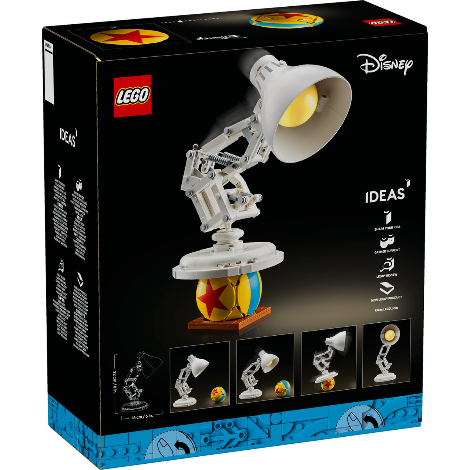 A LEGO Ideas Luxo Jr. (21357) doboz hátoldala, amelyen különböző pózokban szerepel a lámpa figura, a doboz alján méretekkel és funkcióleírásokkal.