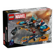 LEGO Marvel Mordály Warbird repülője vs. Ronan (76278) doboz hátoldala, akciójelenetekkel, lövedék kilövő funkciók illusztrációjával és a repülő belső részének bemutatásával.