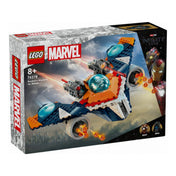 LEGO Marvel Mordály Warbird repülője vs. Ronan (76278) dobozkép, látványos űrcsata jelenettel, a háttérben felhőkkel és Iron Man portréjával, bal alsó sarokban a Rocket és Ronan minifigurák ikonjaival.