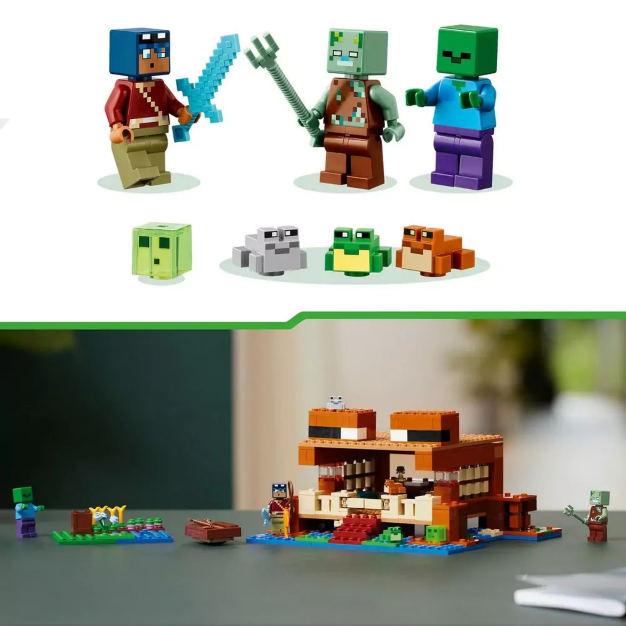 LEGO Minecraft A békaház (21256) figurák és a ház kiállítva egy asztalon, élethű játékkörnyezetben.