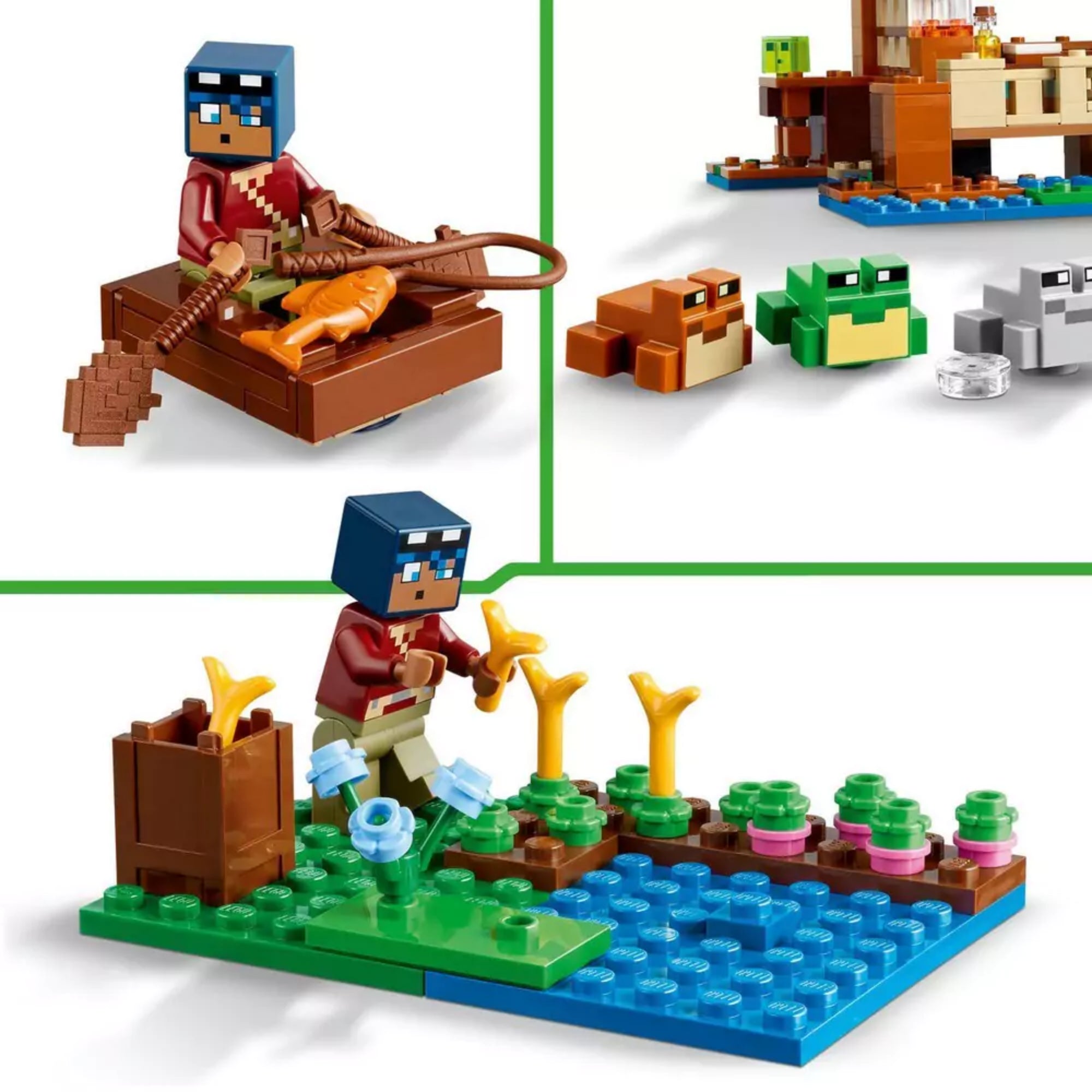 LEGO Minecraft A békaház (21256) karakterei közelről: harcos, zombik, slime és három különböző béka.