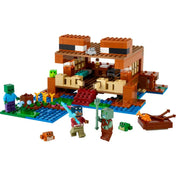 LEGO Minecraft A békaház (21256) épület és figurák teljesen összeállítva, különféle karakterekkel a jelenetben.