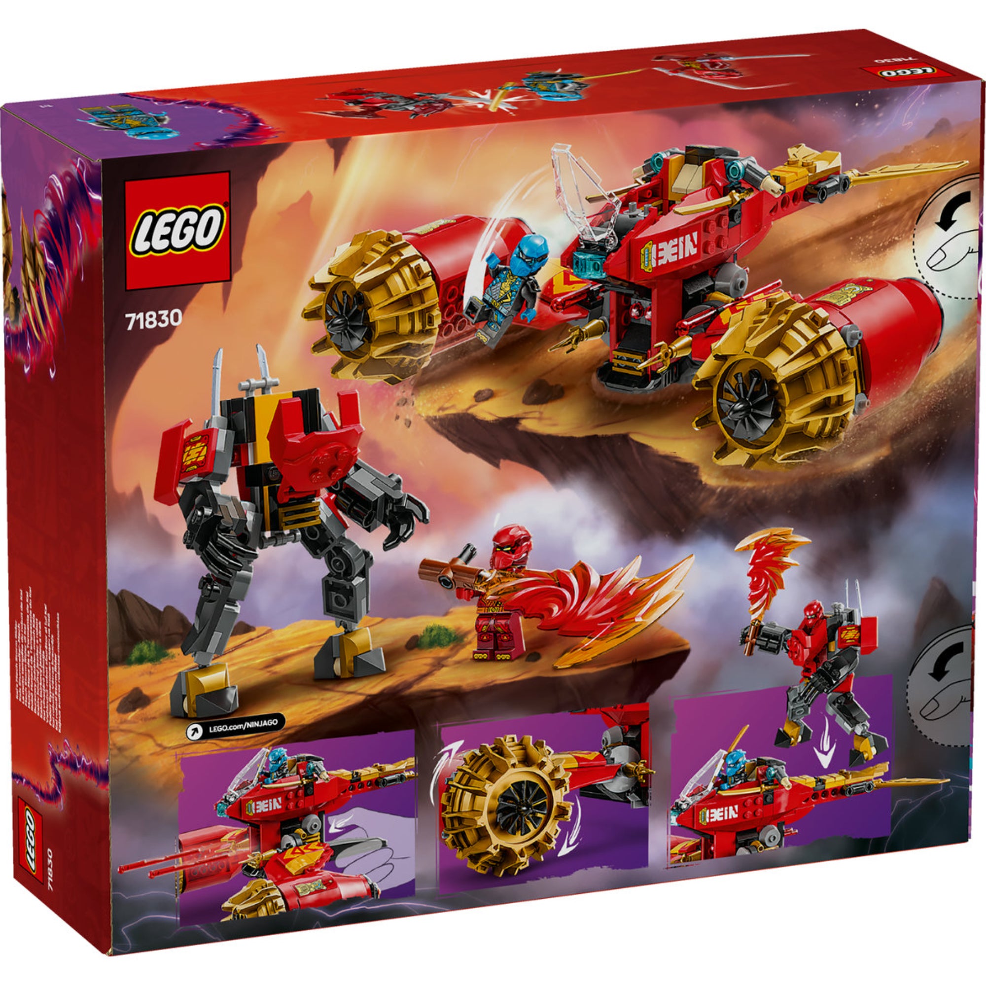 LEGO NINJAGO Kai repülő robotjárműve (71830) hátoldalának dobozképe, amely bemutatja a szett kettéosztható járműveit, a robotot és a minifigurákat akció közben.