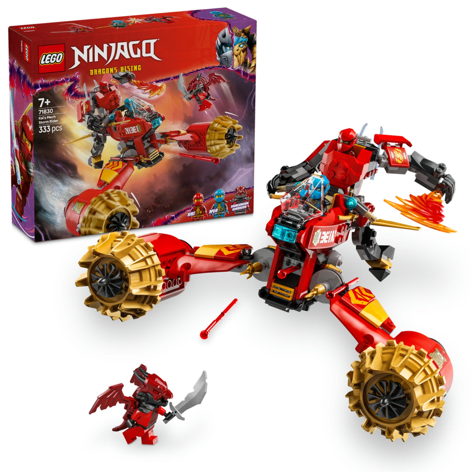 LEGO NINJAGO Kai repülő robotjárműve (71830) kibontott modellje, amely a robotot, a jármű alkatrészeit és a mellékelt minifigurákat mutatja akcióban.