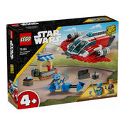 LEGO Star Wars A Crimson Firehawk (75384) szett dobozának előlapja – rajta az űrhajó repülés közben, a kék jedi figura, egy barna hajú férfi és a droid RJ-83, a „Young Jedi Adventures” logóval és 4+ korosztályi ajánlással.