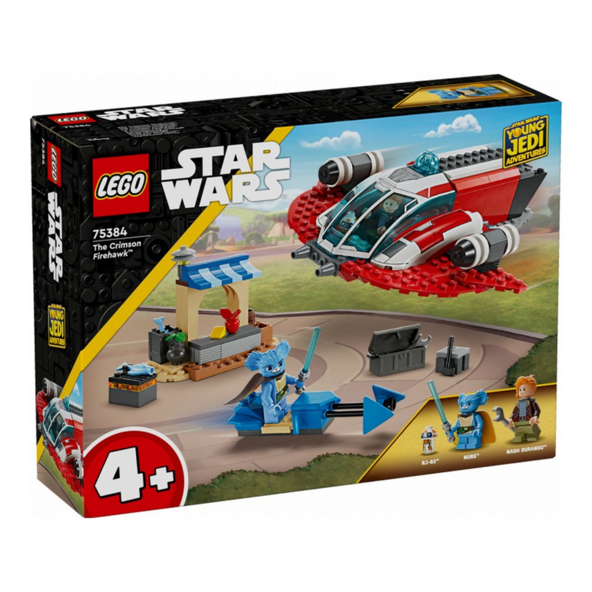 LEGO Star Wars A Crimson Firehawk (75384) szett dobozának előlapja – rajta az űrhajó repülés közben, a kék jedi figura, egy barna hajú férfi és a droid RJ-83, a „Young Jedi Adventures” logóval és 4+ korosztályi ajánlással.