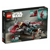 A LEGO Star Wars Ahsoka Tano T-6 jedi shuttle-ja (75362) doboz hátoldala, amely az űrhajó részleteit mutatja be különböző játékfunkciókkal és jelenetekkel, köztük nyitható pilótafülkével és mozgatható szárnyakkal.
