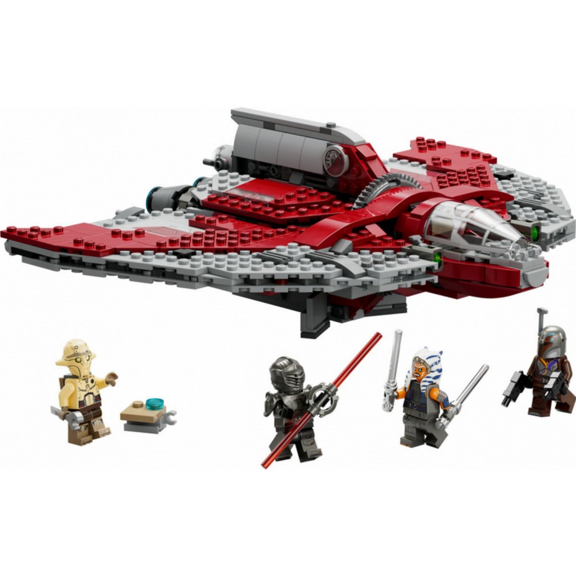 A LEGO Star Wars Ahsoka Tano T-6 jedi shuttle-ja (75362) teljes készlet, amelyen a vörös-szürke színű űrhajó, valamint Ahsoka Tano, Sabine Wren, Professor Huyang és Marrok LEGO minifigurák láthatók, a karakterek fegyverekkel és kiegészítőkkel felszerelve.
