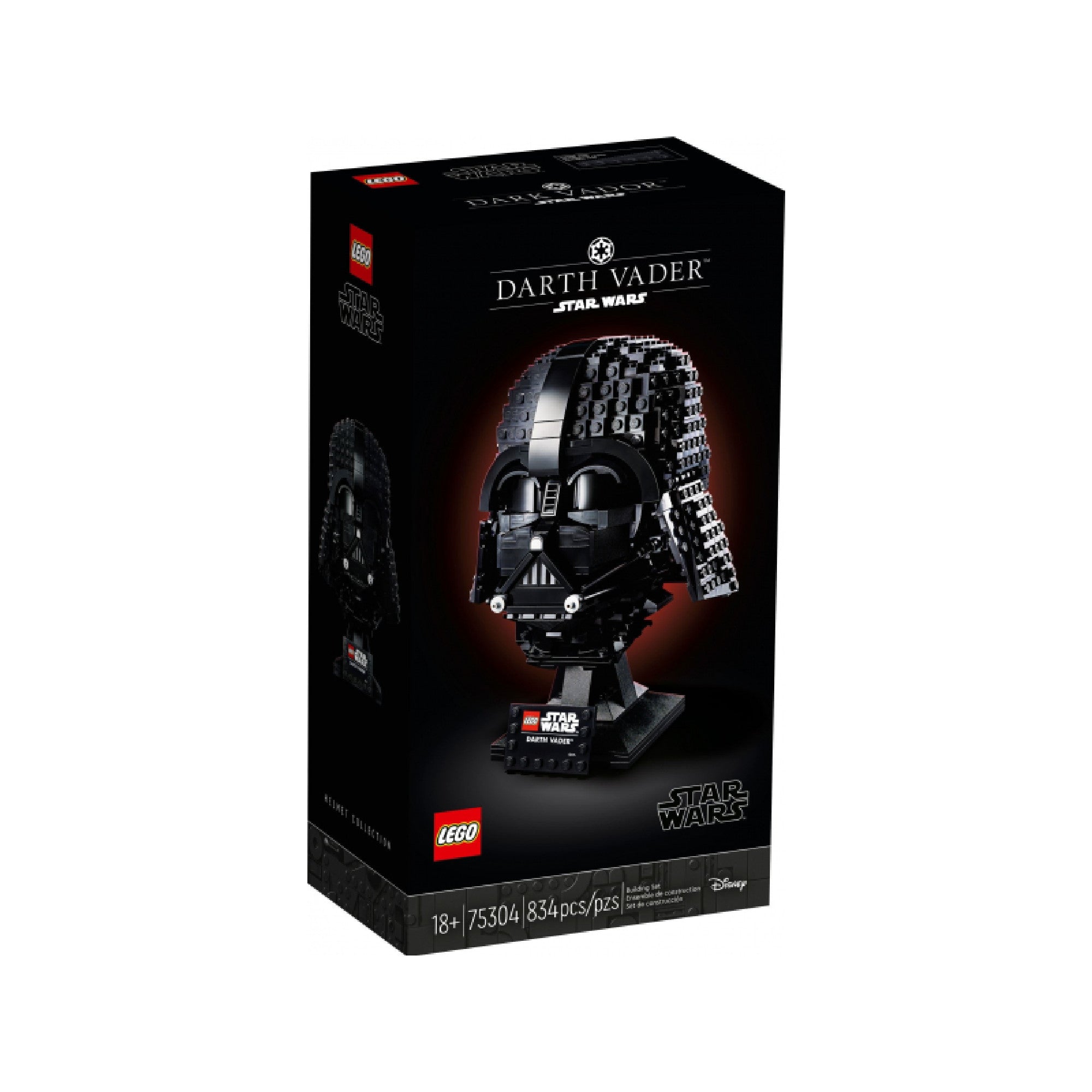 A LEGO Star Wars Darth Vader sisak (75304) fekete színű doboza, amelyen az ikonikus sisak épített változata látható vöröses háttér előtt.