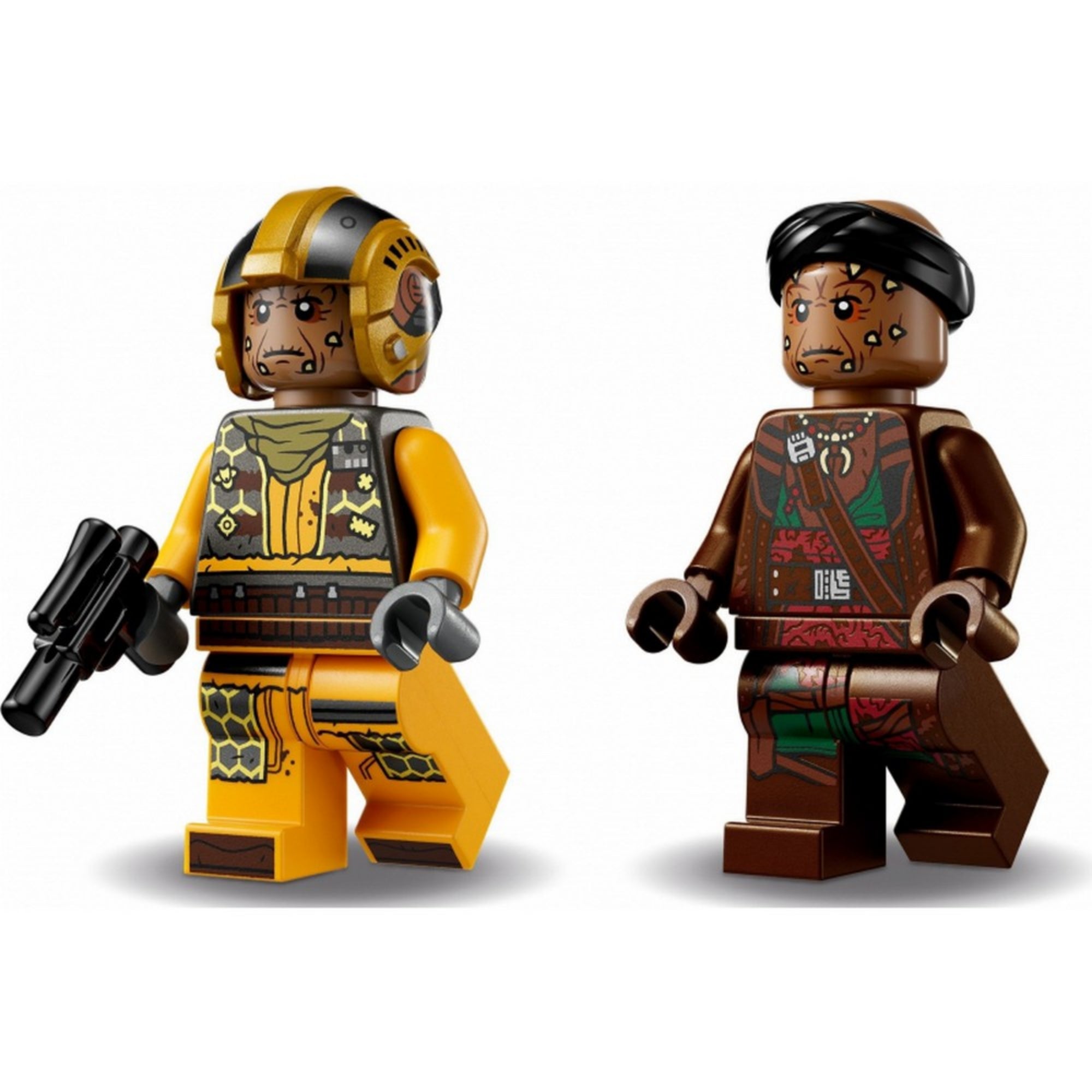 Közelkép a LEGO Star Wars 75346 készlet két minifigurájáról: a Snub Fighter pilóta sárga ruhában és Vane sötétbarna felszerelésben, részletes nyomtatással.