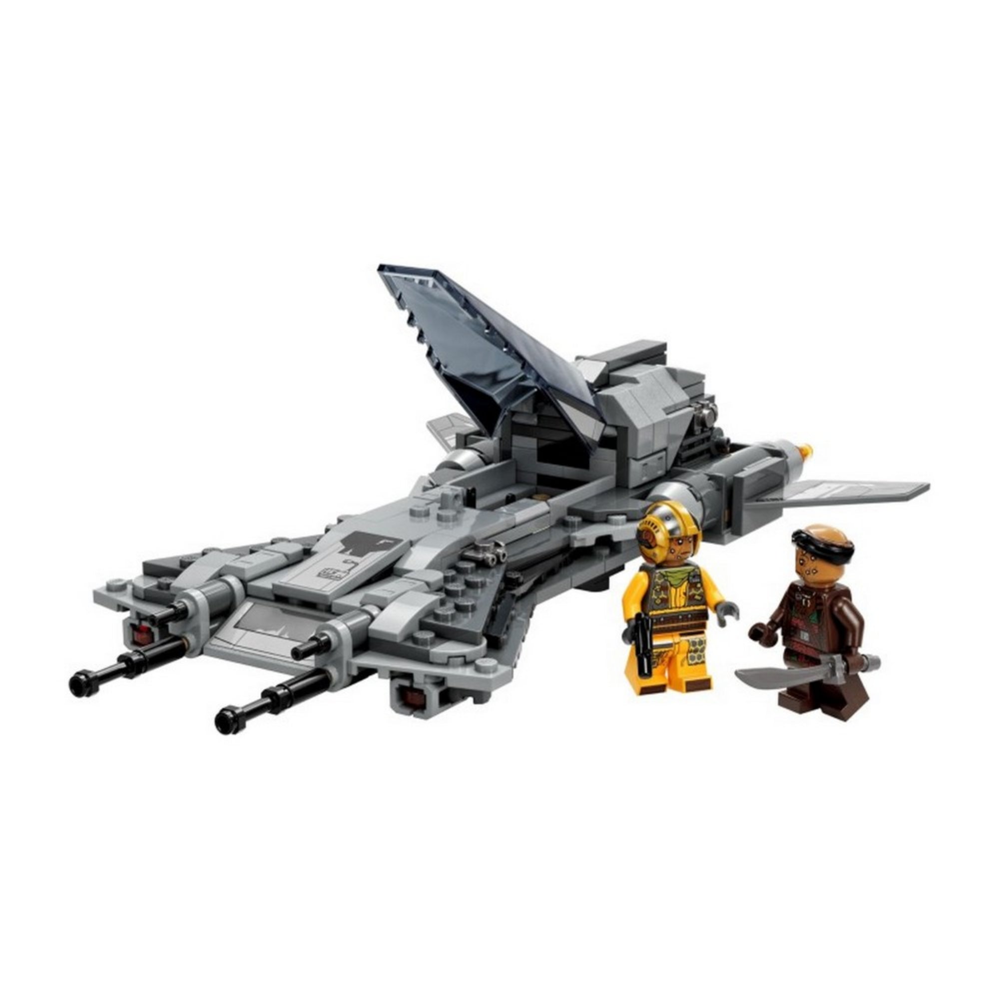 A LEGO Star Wars Kalóz vadászgép (75346) megépített űrhajója felnyitott pilótafülkével, mellette két minifigura: egy sárga ruhás pilóta és Vane, a kalóz karakter.