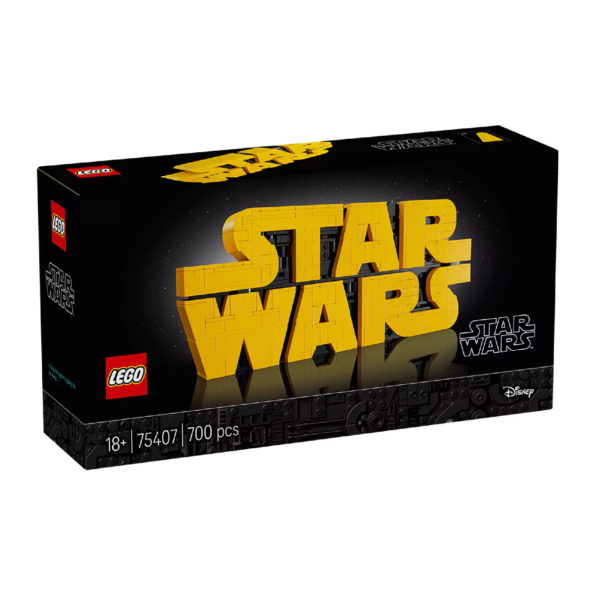 LEGO Star Wars – Star Wars logó (75407) készlet doboza sárga logóval és fekete háttérrel, 700 darabos szett felnőtteknek.