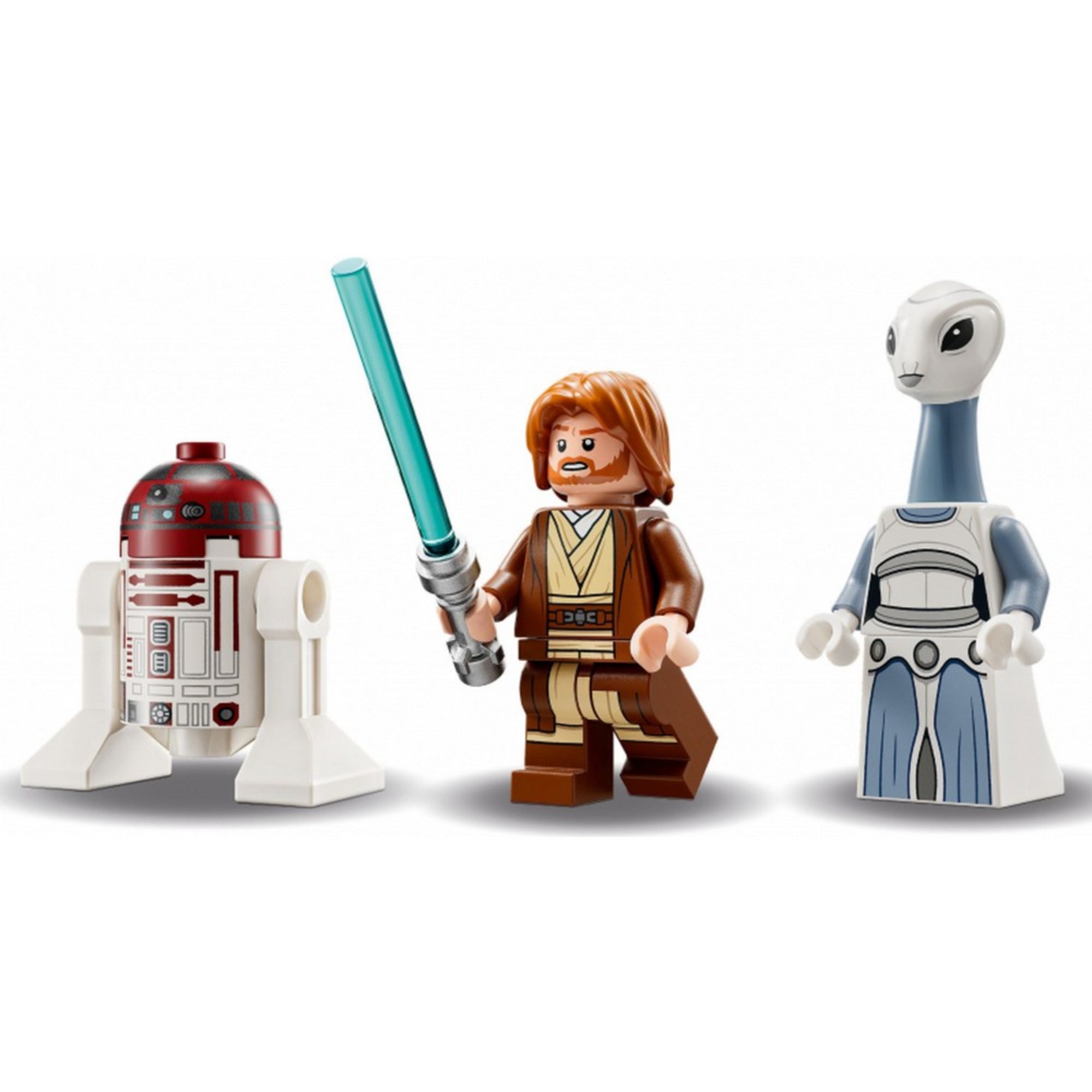 Közelkép a három LEGO minifiguráról: a barna ruhás Obi-Wan Kenobi fénykarddal, R4-P17 piros-fehér droid és a hosszú nyakú Taun We, Kamino képviselője.