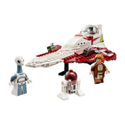 Részletes LEGO Star Wars jelenet Obi-Wan Kenobi Jedi Starfighterével, amelyet három minifigura – Obi-Wan Kenobi, R4-P17 asztrodroid és Taun We – vesz körül; a háttérben a fehér-piros vadászgép landolóállványon áll.