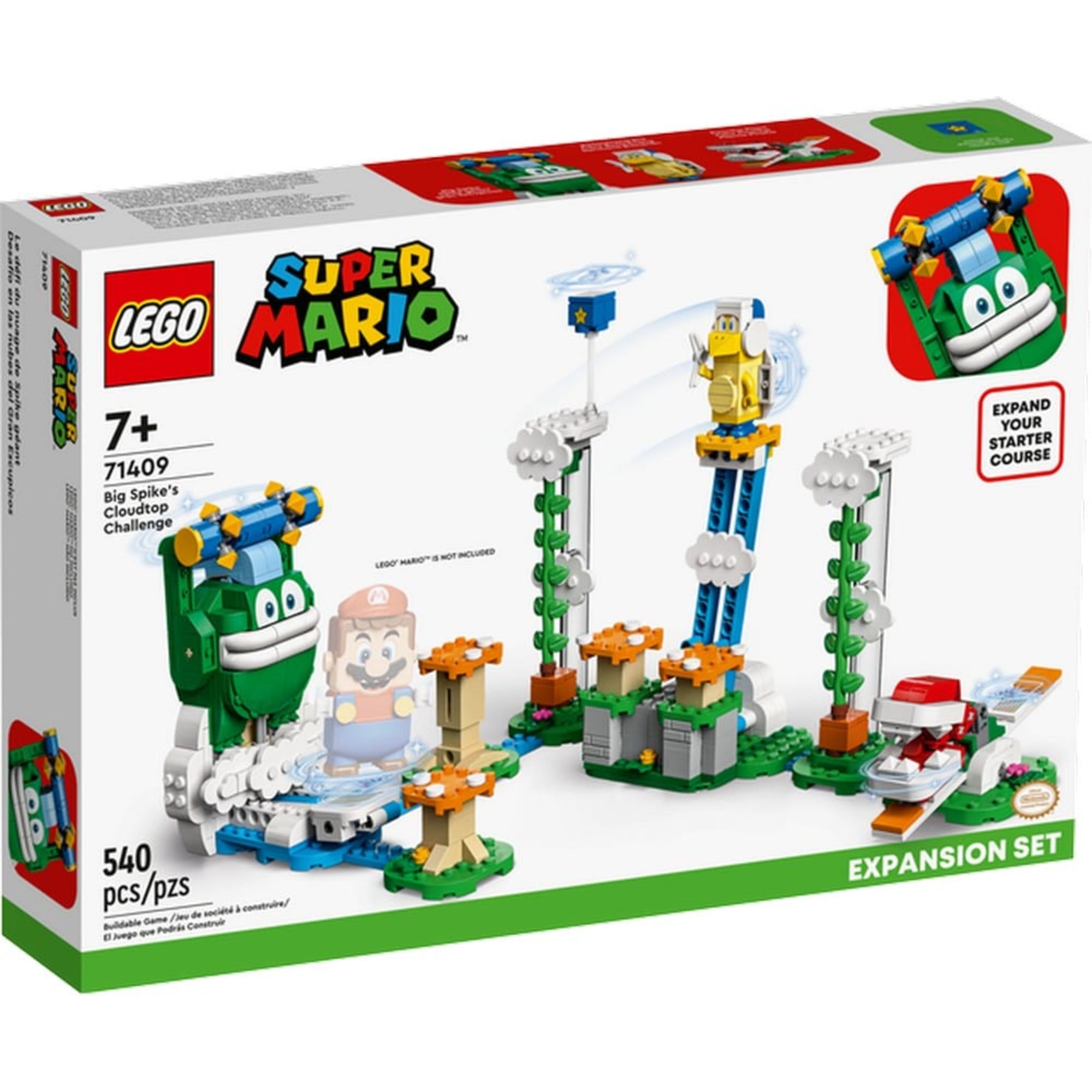 A LEGO Super Mario Big Spike felhőcsúcs kihívás (71409) szett színes doboza az előlapon, 540 elemmel, Mario és Big Spike karaktereivel illusztrálva.