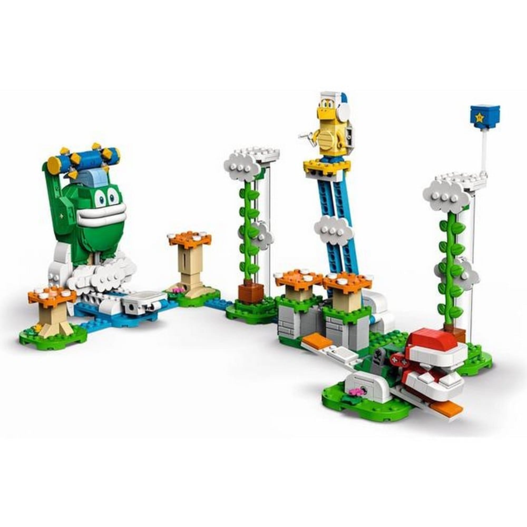 A LEGO Super Mario Big Spike felhőcsúcs kihívás (71409) szett teljesen összerakva, látványos felhő- és ugróelemekkel, valamint Big Spike és más karakterekkel.