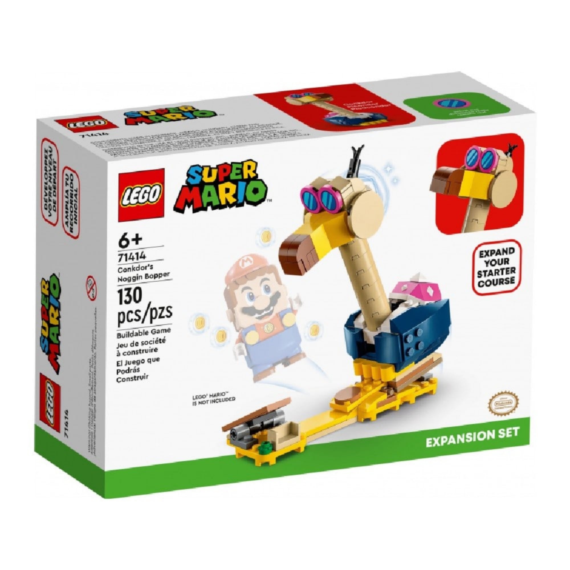 LEGO Super Mario Conkdor Noggin Bopper (71414) doboz elölnézetből, 130 darabos készlet, rajta Mario figura, karakter illusztráció és „EXPANSION SET” felirat.