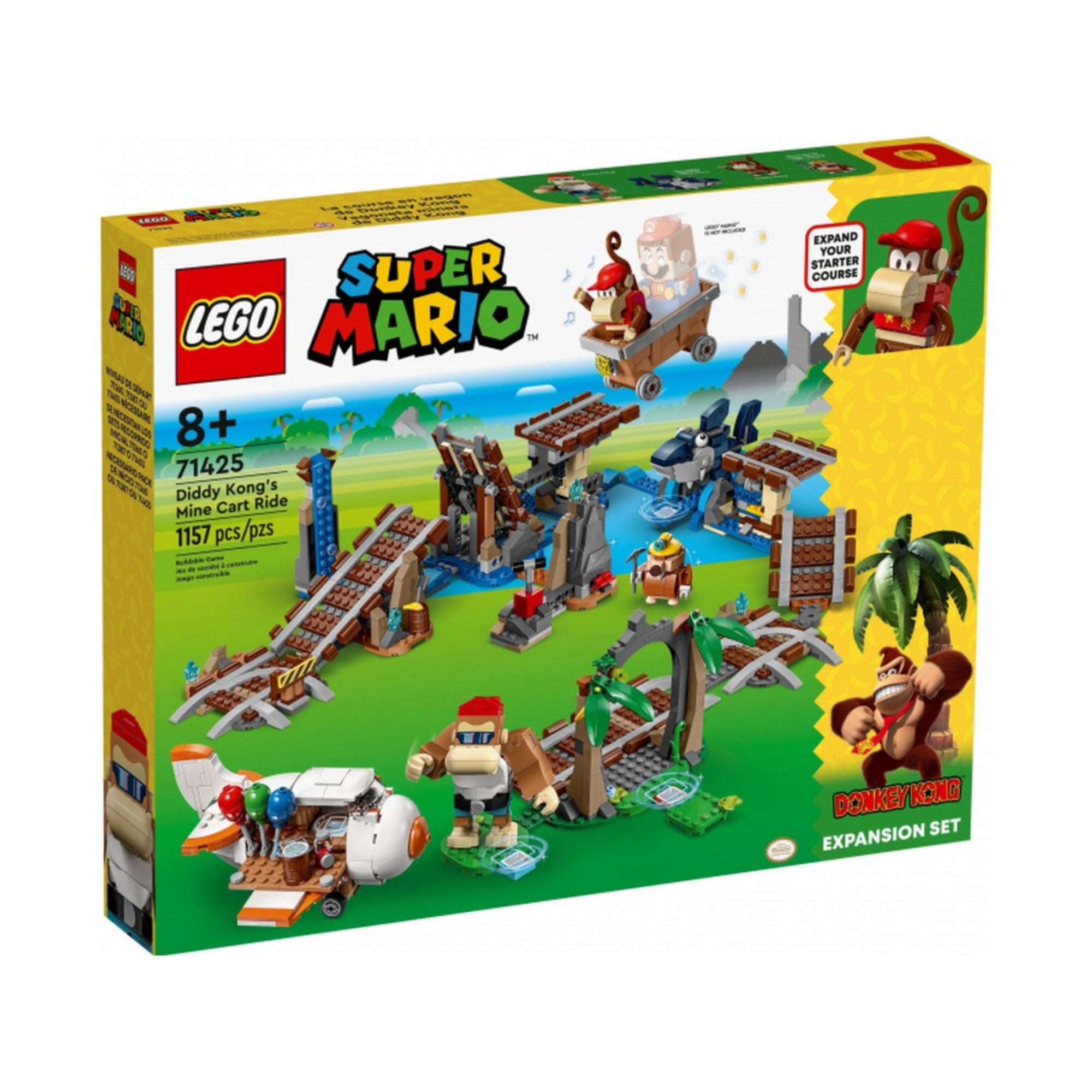 A LEGO Super Mario Diddy Kong utazása a bányacsillében (71425) kiegészítő szett doboza, színes illusztrációval a teljes pályáról és a karakterekről.