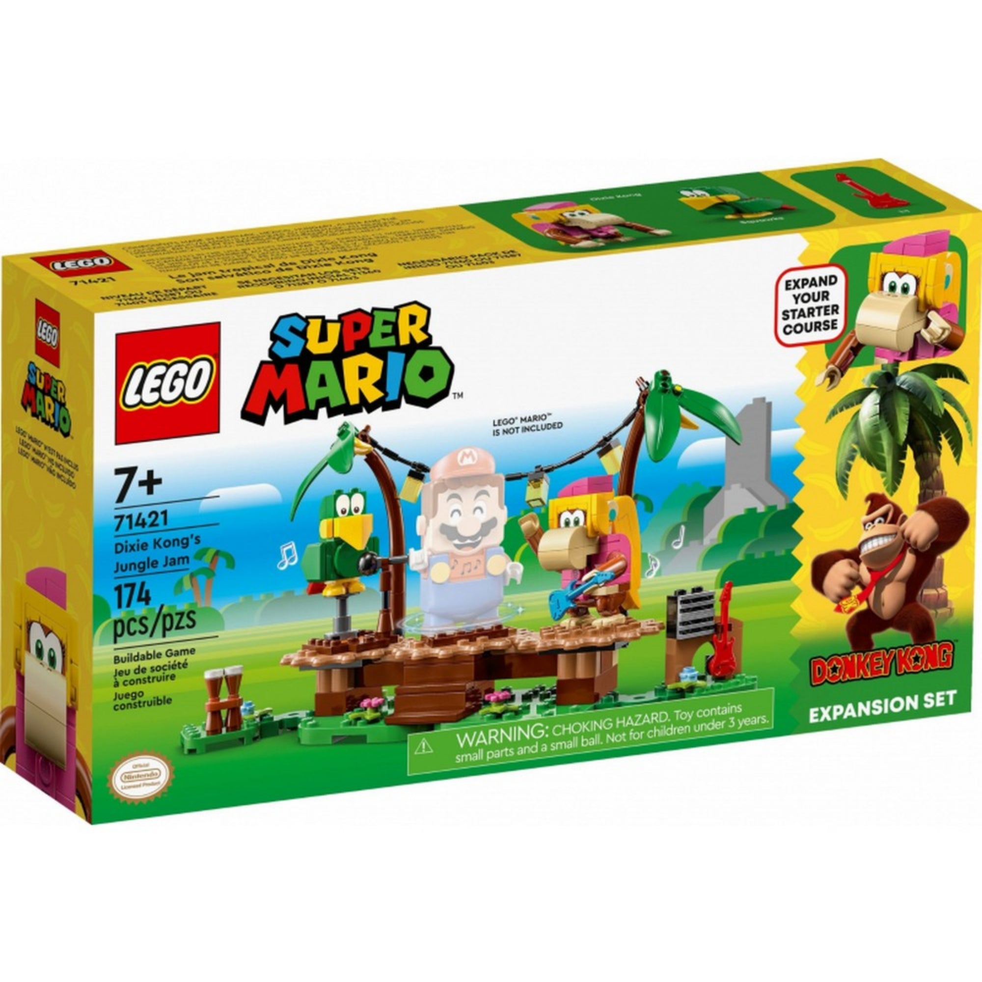A LEGO Super Mario Dixie Kong Jungle Jam kiegészítő szett (71421) színes, 174 darabos készletének doboza, amelyen Dixie Kong és a színpadi jelenet látható, Super Mario figura nélkül.