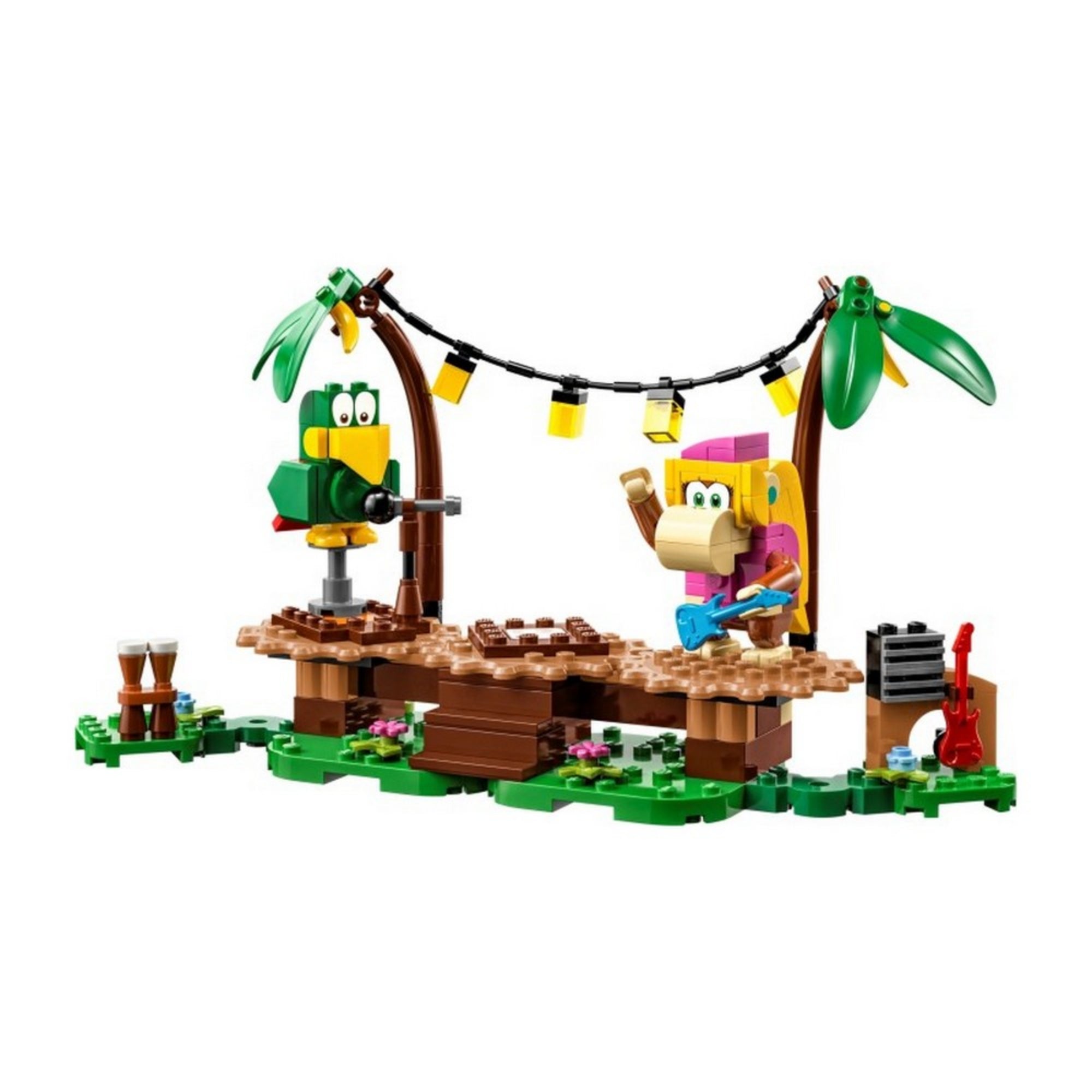 A LEGO Super Mario Dixie Kong Jungle Jam kiegészítő szett (71421) összeépített változata, amely egy dzsungelbeli színpadot ábrázol reflektoros pálmafákkal, hangszerekkel, egy zöld papagájjal és egy gitárt tartó Dixie Kong figurával.