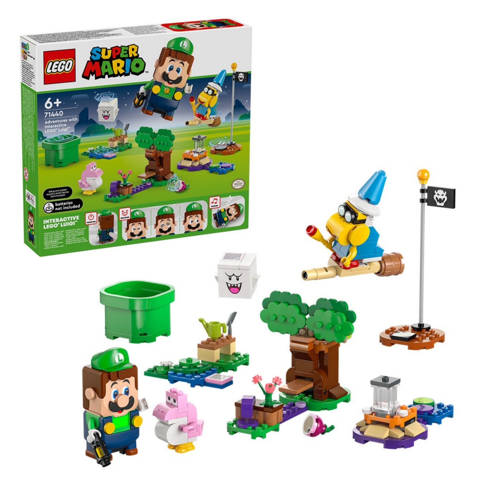 A LEGO Super Mario 71440 kezdőkészlet doboza Luigi figurával, a doboz előtt az összes karakterrel és pályaelemmel, beleértve Baby Yoshit, Boo-t, Kameket, a startcsövet és célzászlót.