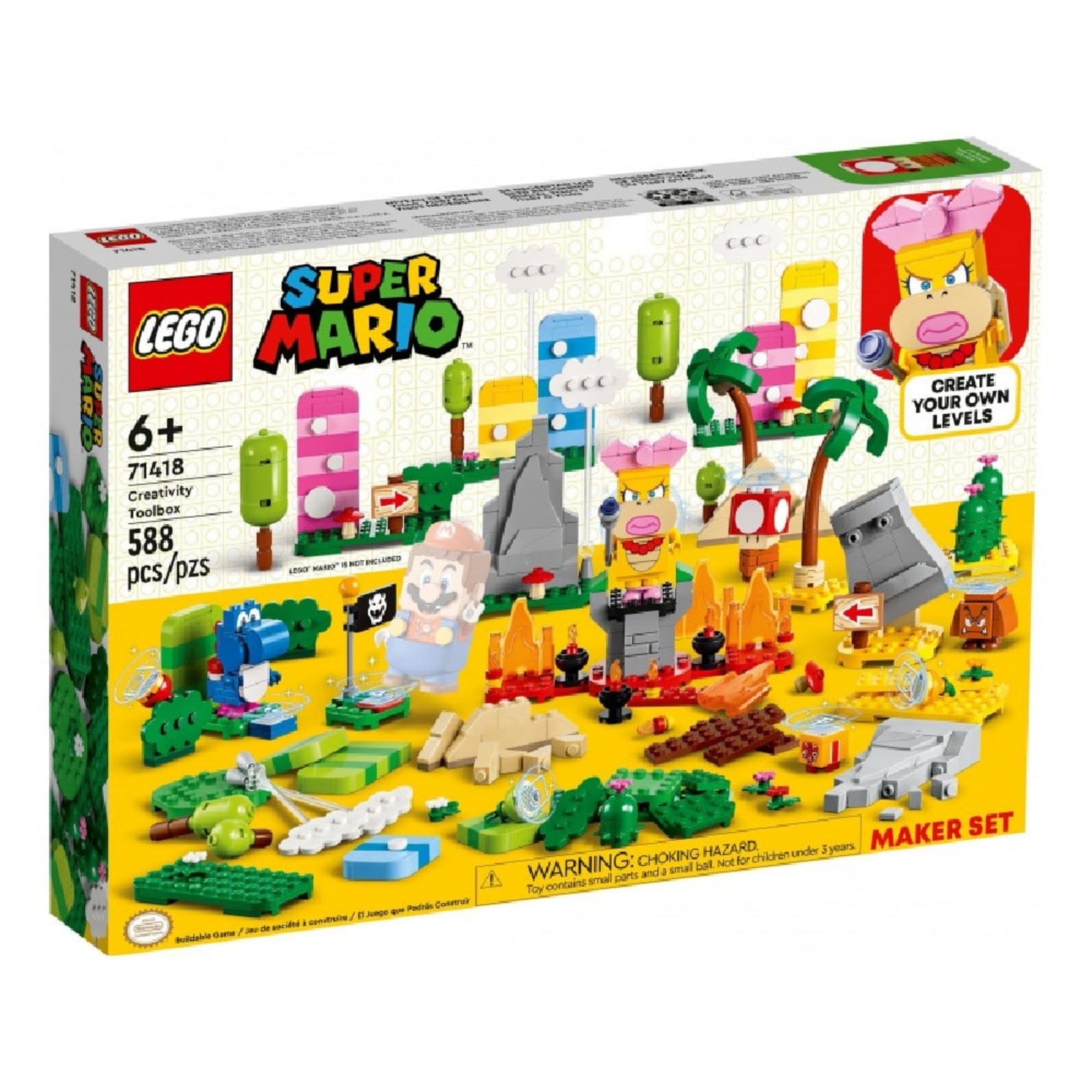 A LEGO Super Mario Kreatív építés szett (71418) doboza elölnézetből, színes pályaelemekkel és Peach hercegnő figurájával a középpontban.