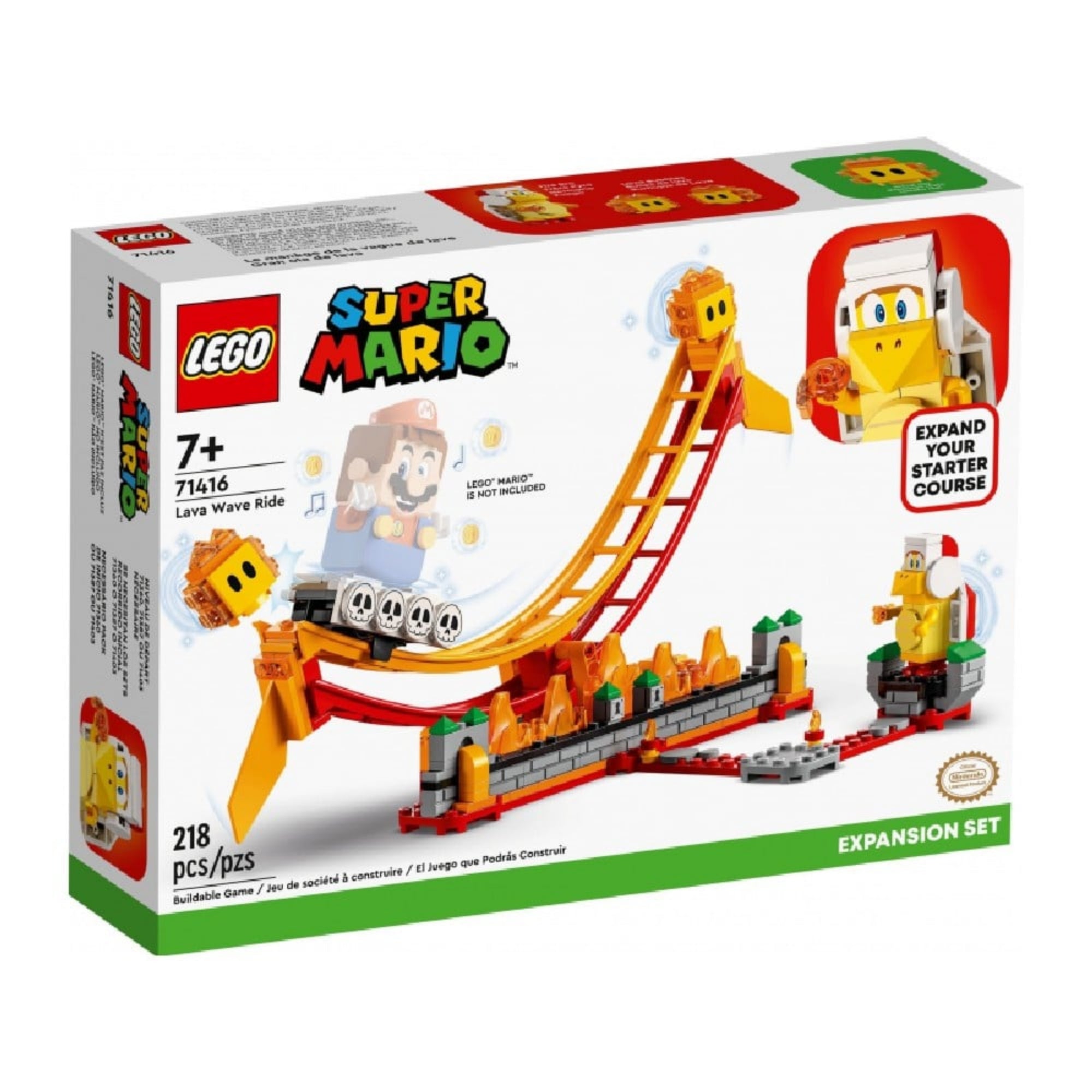 LEGO Super Mario Lavahullám-lovaglás (71416) doboza, előtérben a hullámon lovagló Mario és a tűzharcos figura.