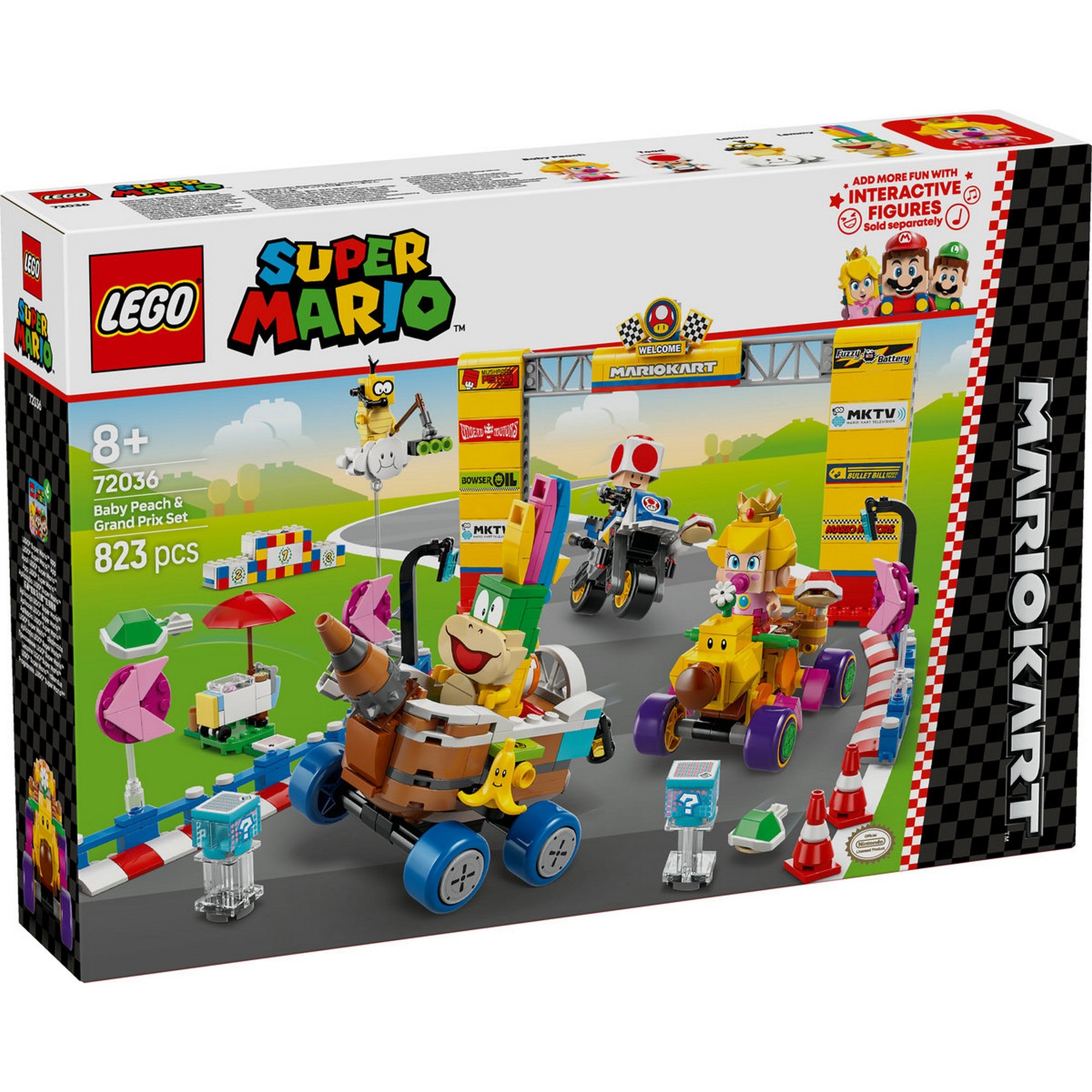 A LEGO Super Mario Mario Kart Baby Peach és Grand Prix szett (72036) dobozának előlapja, színes versenypályával és figurákkal.