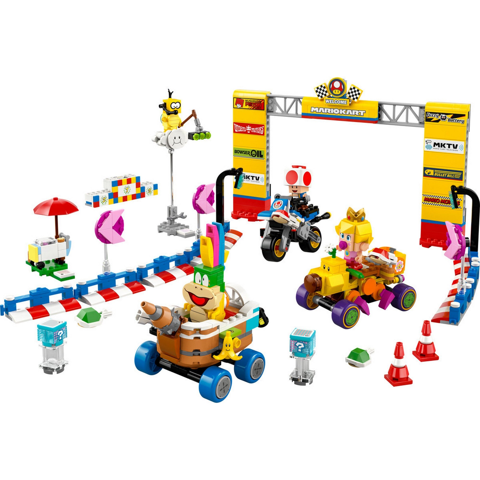 A LEGO Super Mario Mario Kart Baby Peach és Grand Prix szett (72036) teljesen megépített versenypályája, színes elemekkel és figurákkal