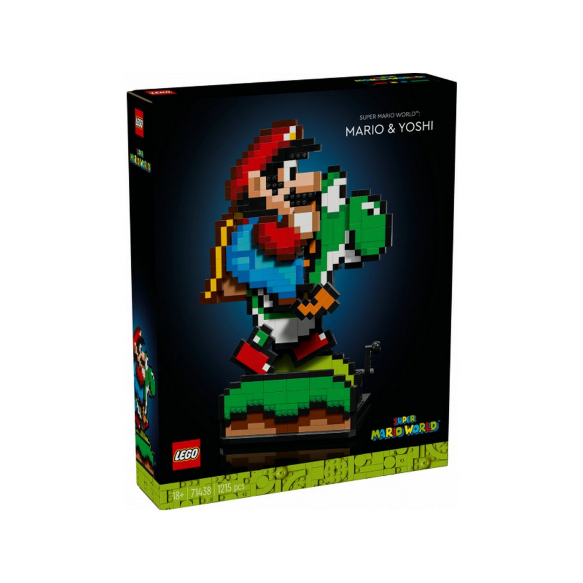 A LEGO Super Mario – Mario és Yoshi (71438) szett dobozának elölnézete sötét háttérrel és 18+ jelzéssel.