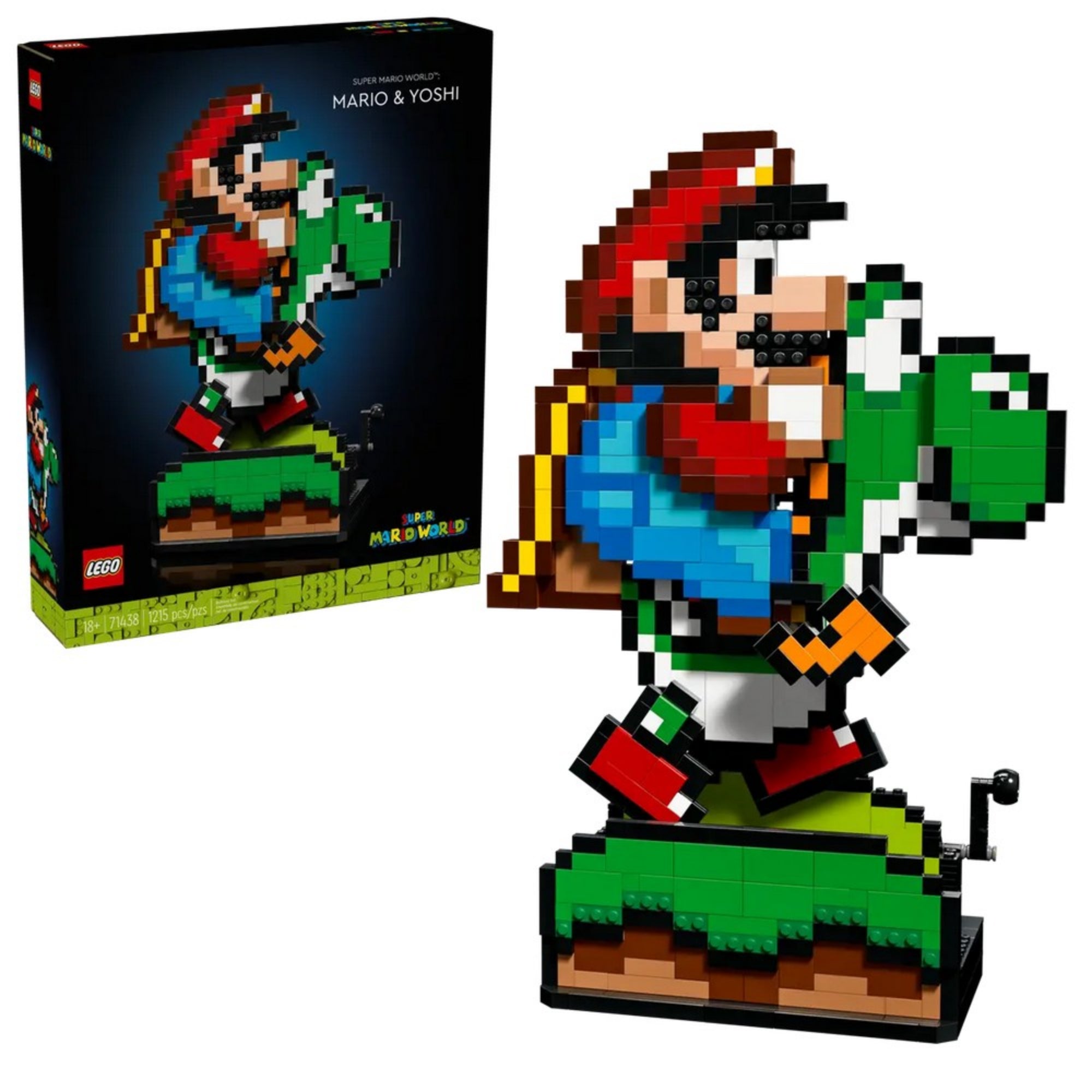 A LEGO Super Mario 71438 készlet doboza és a benne található Mario-Yoshi építmény egymás mellett, jól látható tartalommal.