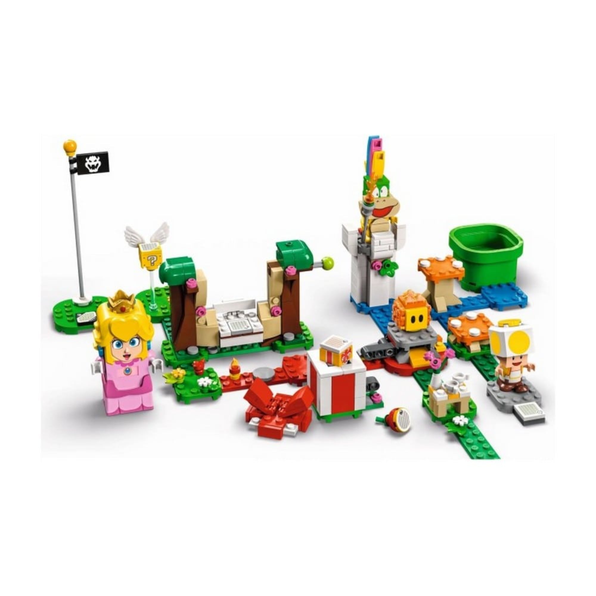 A LEGO Super Mario Peach kalandjai kezdőpálya (71403) teljes játéktérképe, Peach hercegnővel, barátaival, ellenségekkel, zöld csővel és interaktív játékzónákkal.
