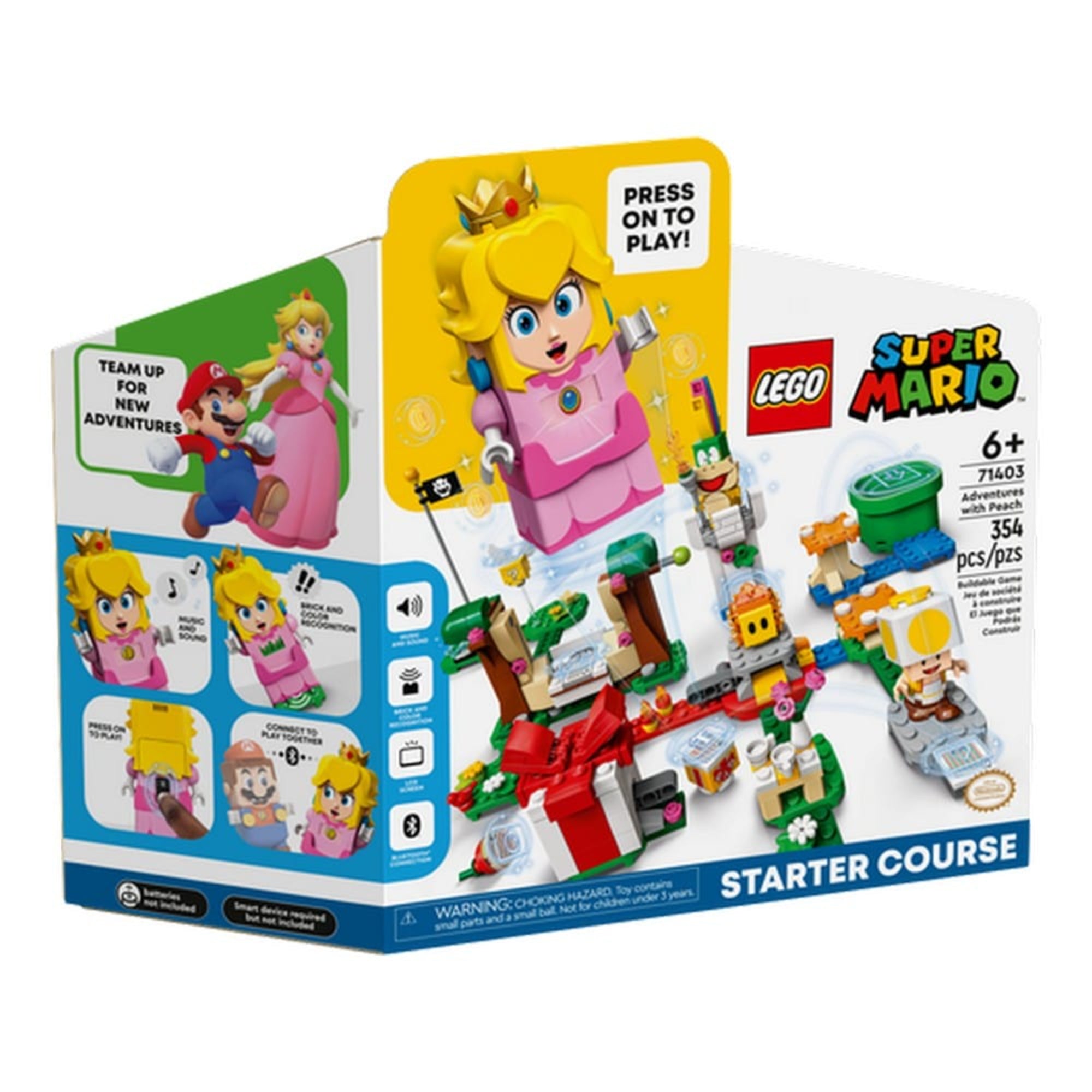 A LEGO Super Mario Peach kalandjai kezdőpálya (71403) színes doboza, középpontban az interaktív Peach figurával és a pálya elemeivel, 6 éves kortól ajánlott, 354 darabbal.