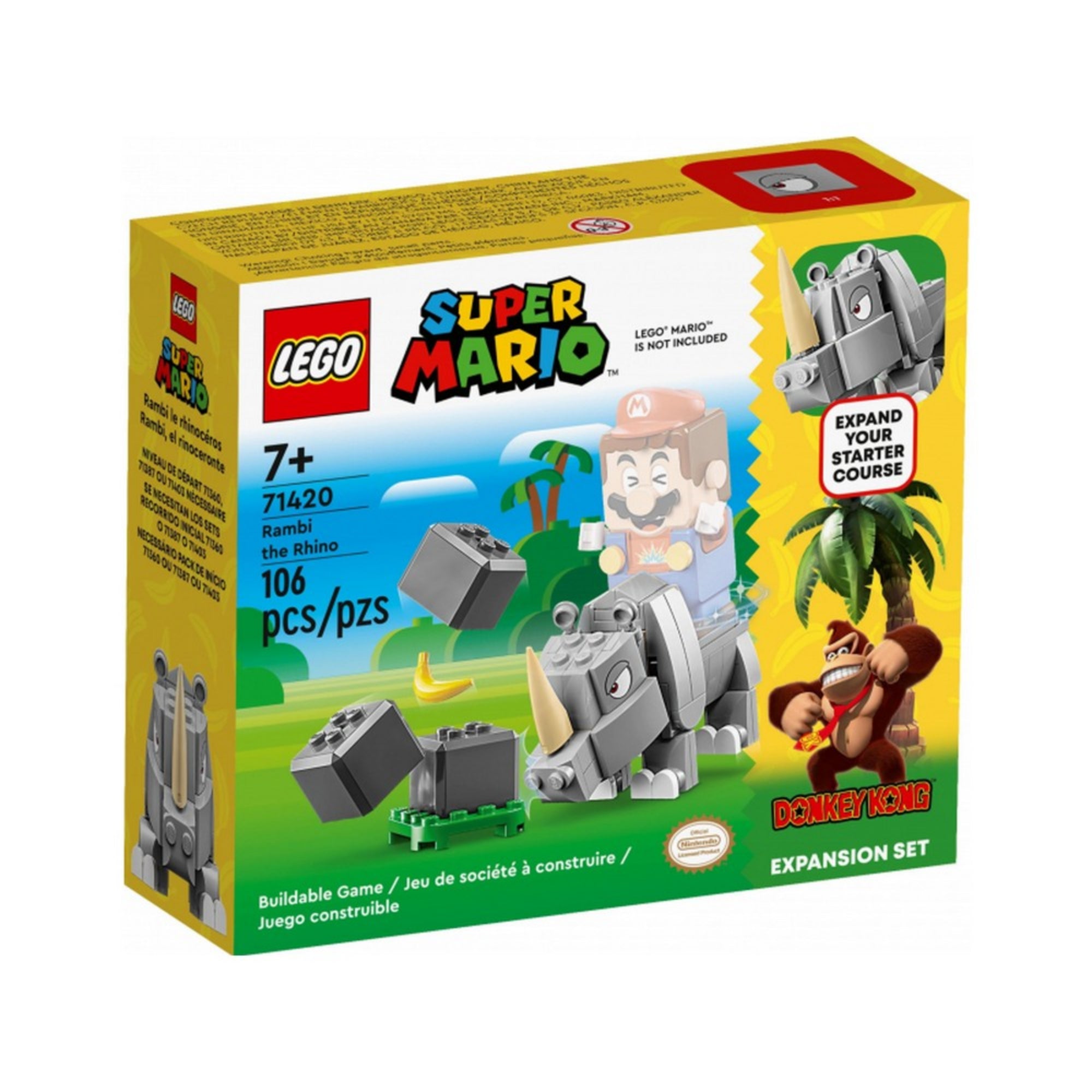 A LEGO Super Mario Rambi az orrszarvú kiegészítő szett (71420) színes doboza 106 elemmel, amelyen a LEGO Mario figura Rambin lovagol, mellette Donkey Kong illusztráció és a „Expand Your Starter Course” felirat.
