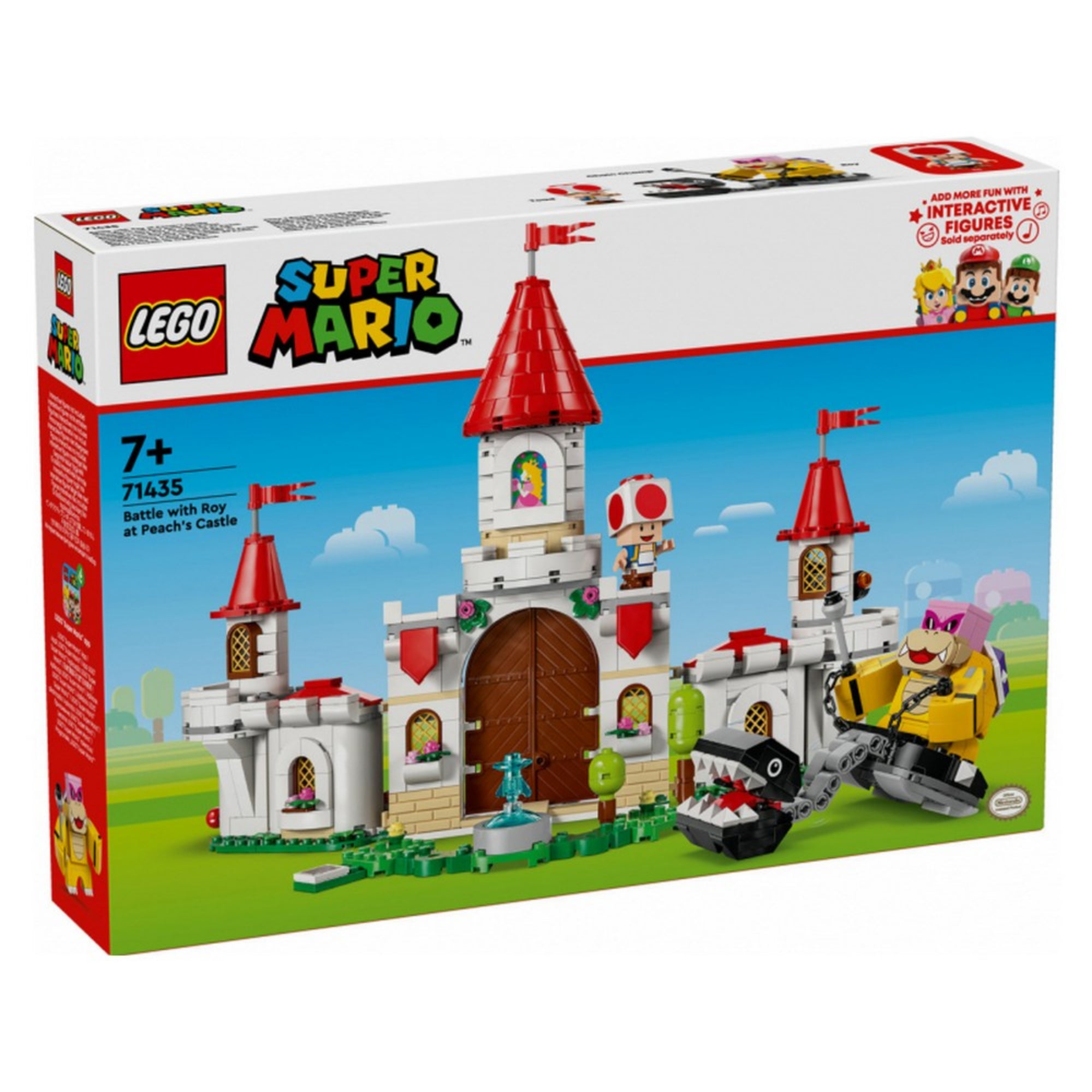 Doboz előlapja: LEGO Super Mario 71435 dobozának színes grafikája Peach kastélyával és Roy figurájával.