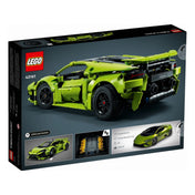 LEGO Technic Lamborghini Huracán Tecnica 42161 doboz hátoldala, amelyen a zöld sportautó hátulnézete, motorja és valósághű teljesítményadatai is megjelennek.