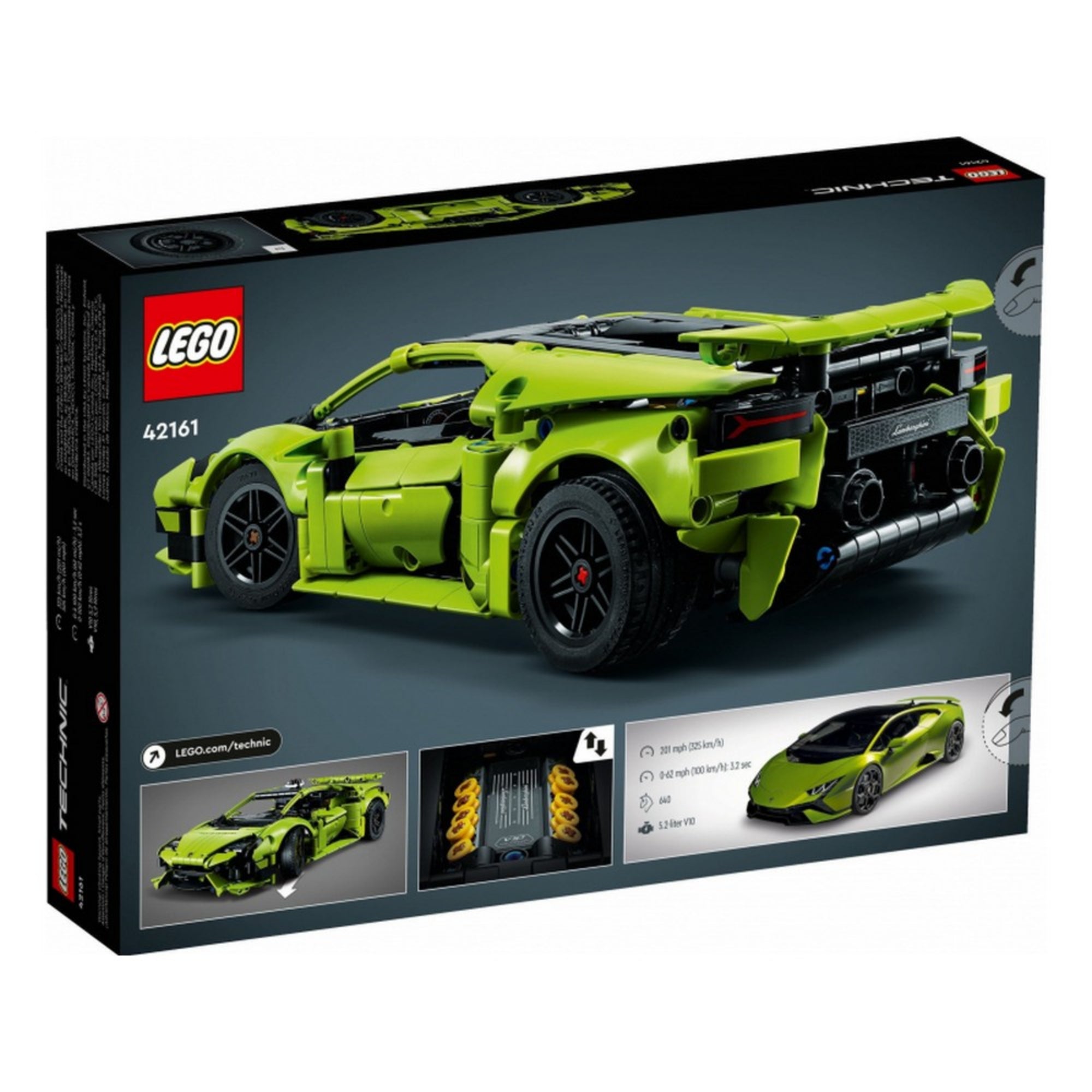 LEGO Technic Lamborghini Huracán Tecnica 42161 doboz hátoldala, amelyen a zöld sportautó hátulnézete, motorja és valósághű teljesítményadatai is megjelennek.