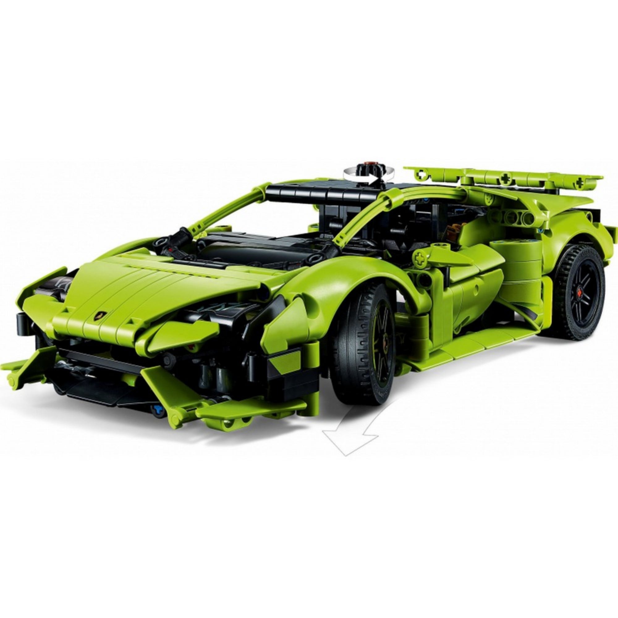 LEGO Technic Lamborghini Huracán Tecnica 42161 modell ferde elölnézetből, nyitható motorháztetővel, részletes első lámpákkal és agresszív sportkocsiformával.